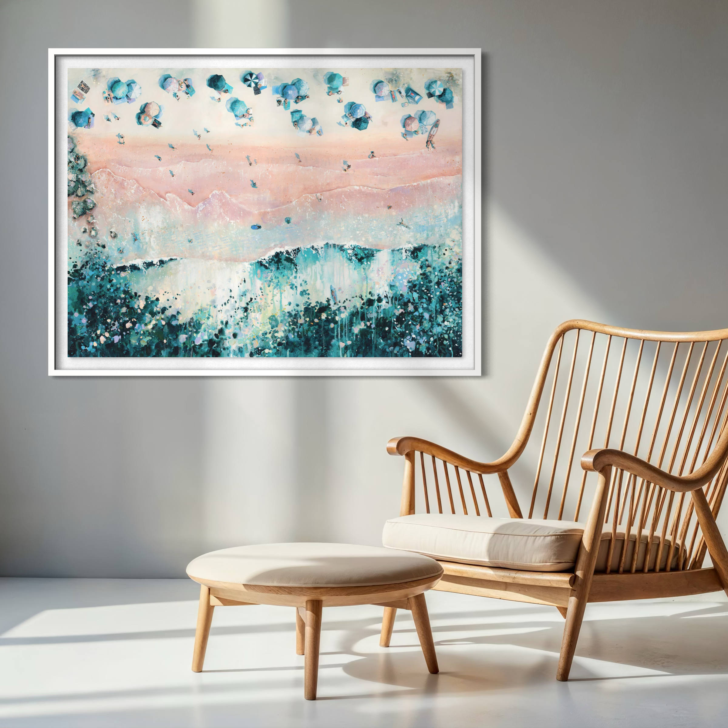 Rhythm Of The Sea print styled in a modern living room with neutral tones, highlighting the blue and green Cornish ocean tones