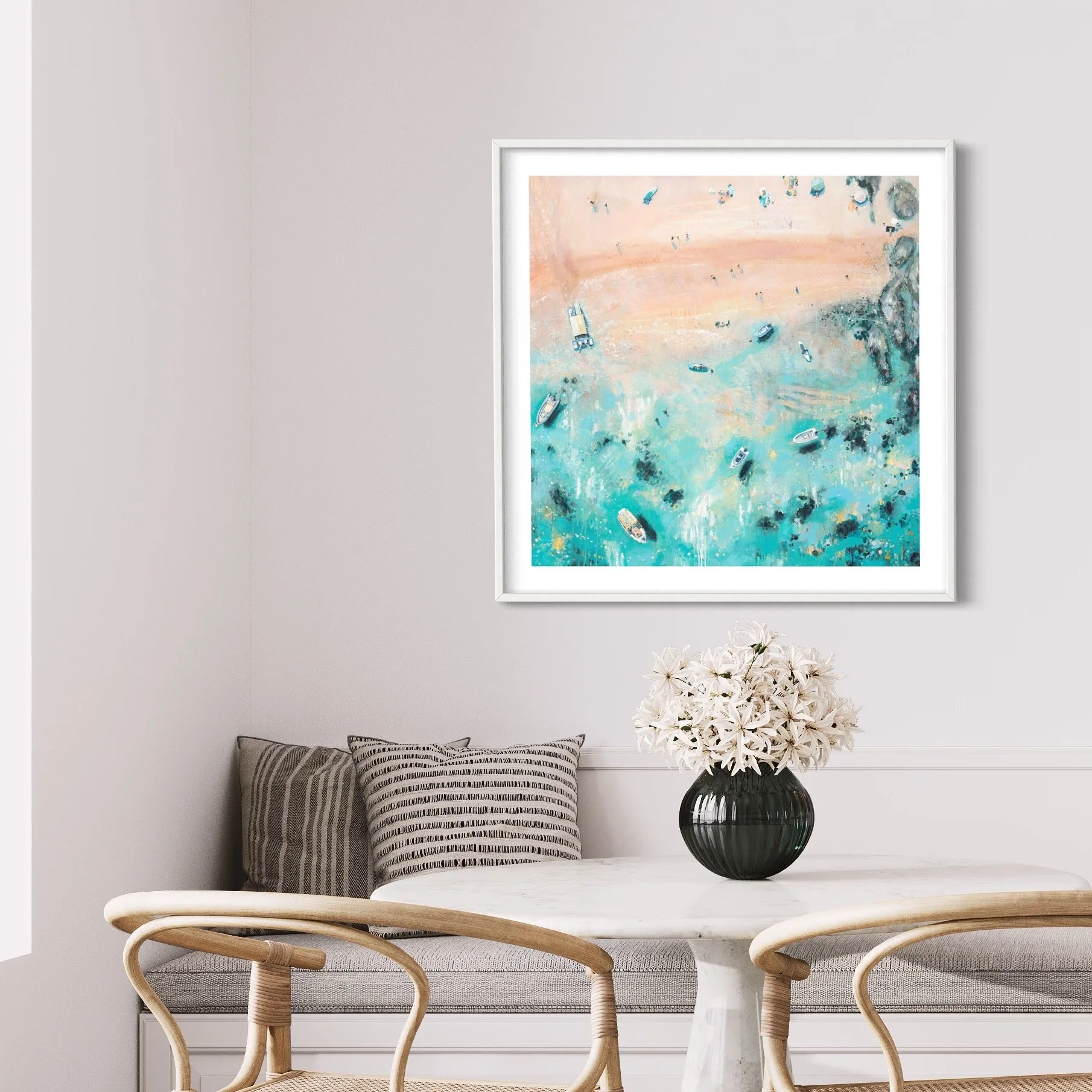 The South Sands II print styled in modern kitchen, capturing the iconic turquoise waters and ferry of South Sands