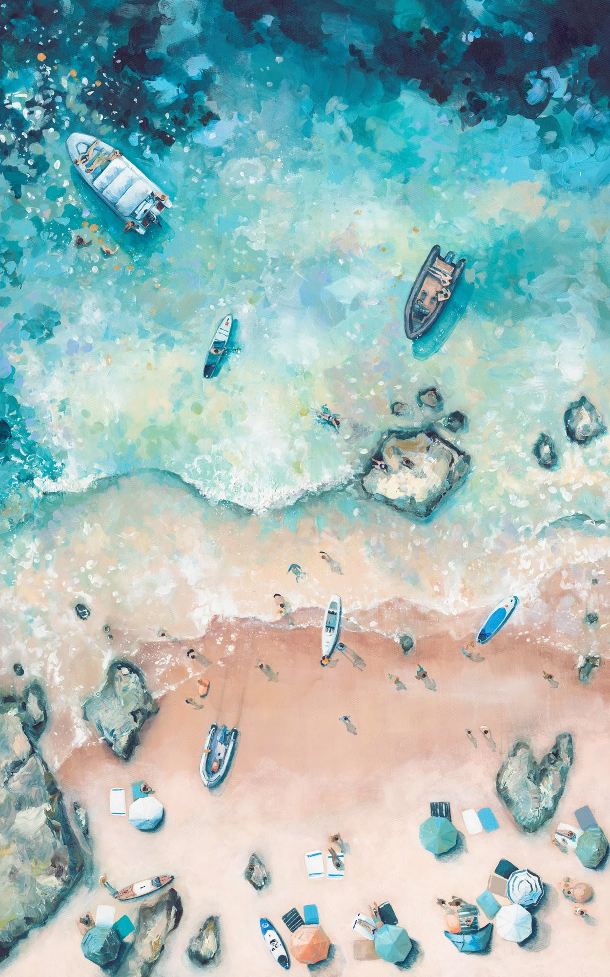 Large original aerial acrylic painting 'Beach Landing' by Lucy Young. Features boats landing on the golden sands of Sunny Cove, Salcombe, with vibrant turquoise estuary water.