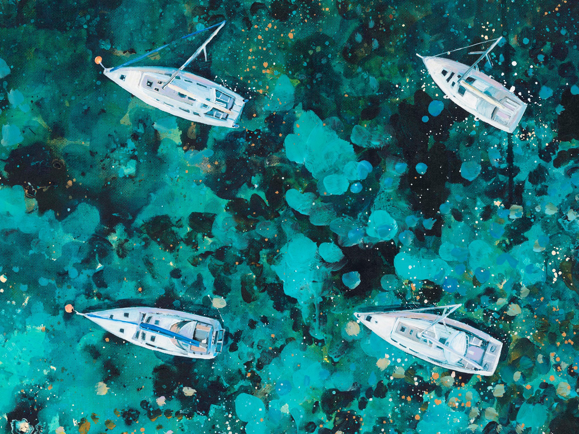 Large original acrylic painting 'Whispering Sails' by Lucy Young. Features an aerial view of moored white yachts on the dark blue waters of the Salcombe Estuary in South Devon.