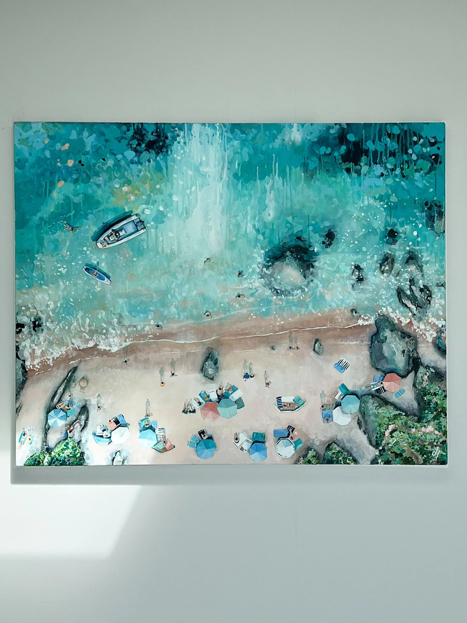 Explore "Perfect Day," an original acrylic painting of Sunny Cove, Salcombe by Lucy Young. A vibrant aerial study of sun-worshippers, turquoise waters, and boats on the East Portlemouth shoreline. A contemporary statement piece for coastal interiors.