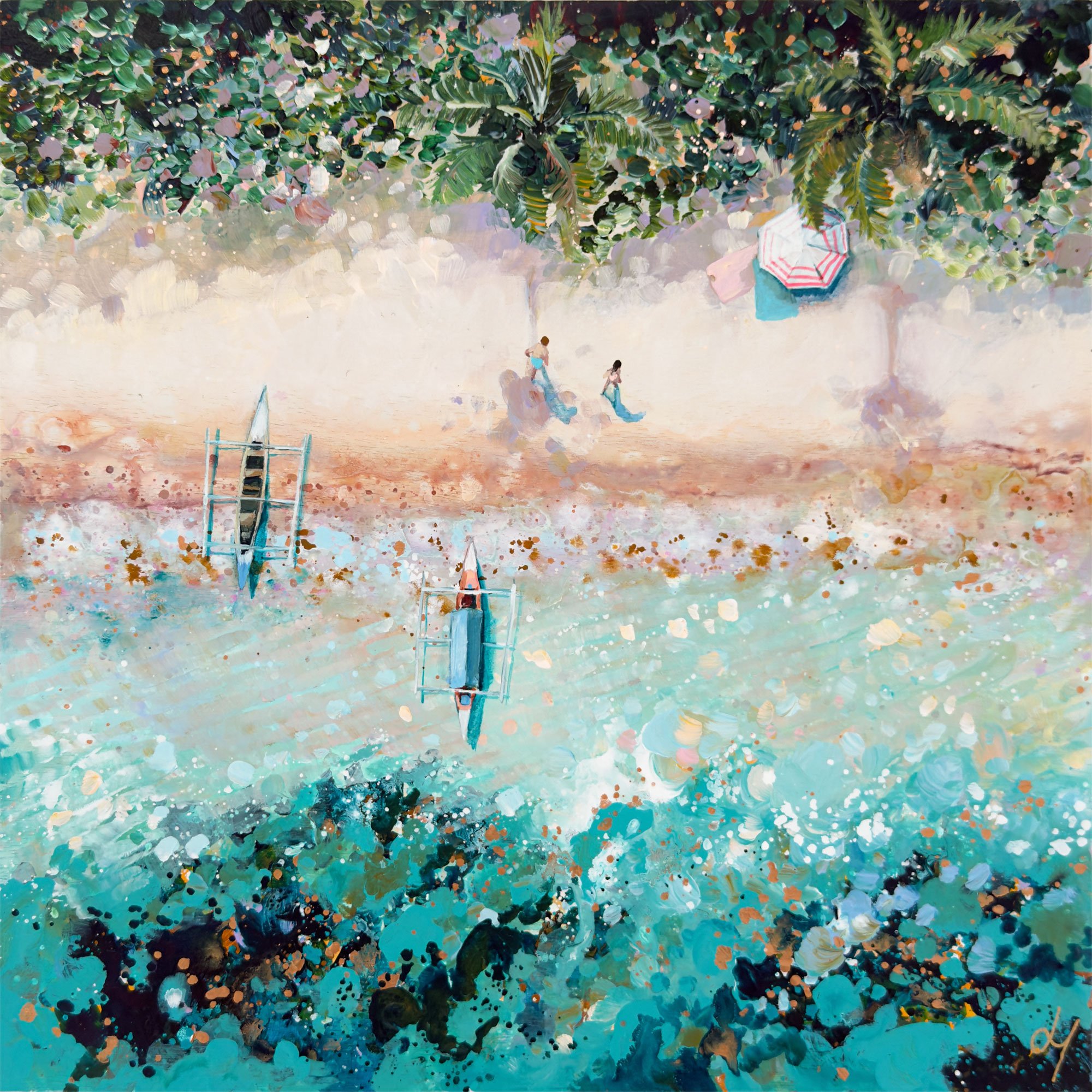 Mini original aerial acrylic painting 'Island Solitude' by Lucy Young. Features traditional wooden Indonesian boats on a white sand beach with lush palm trees and a couple walking.