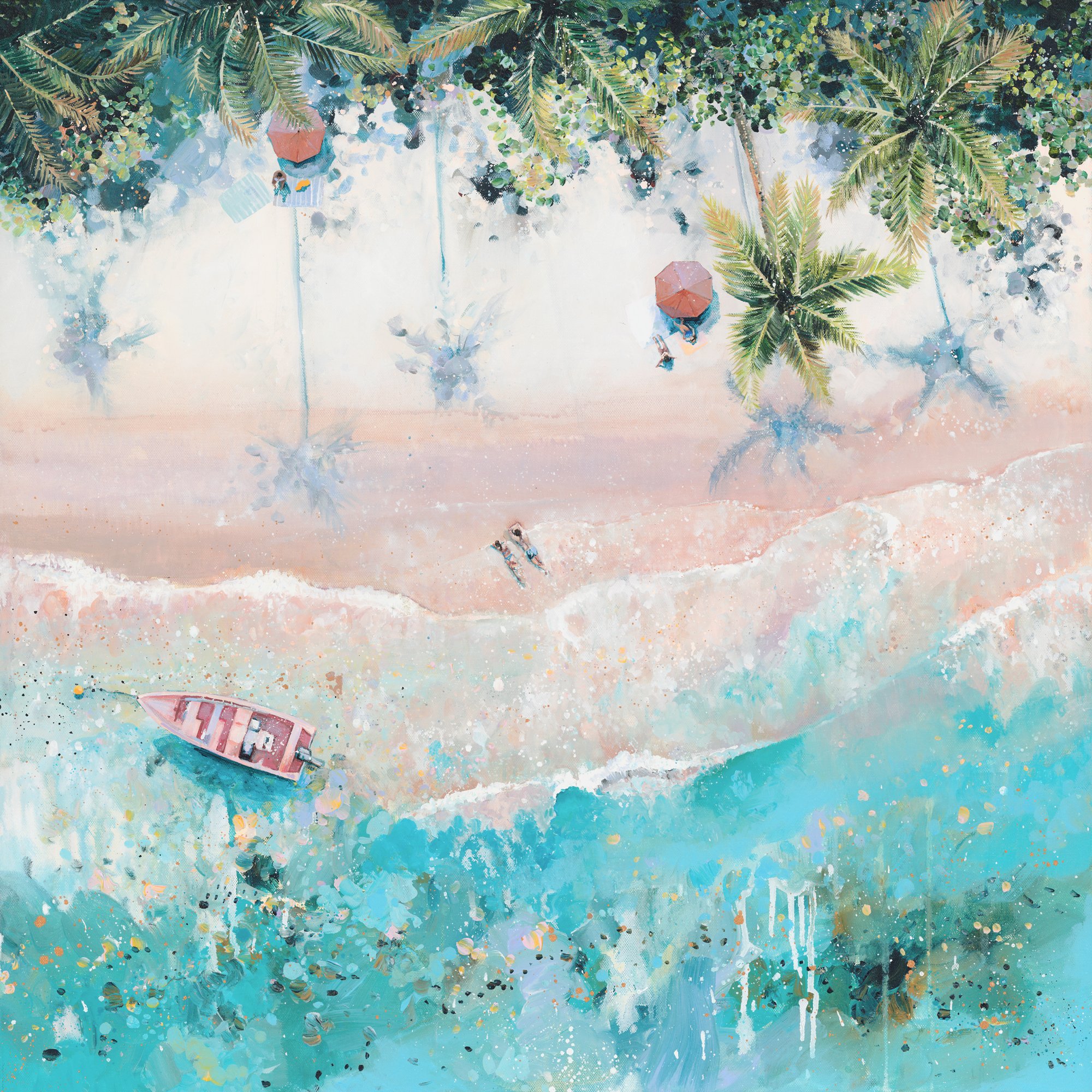 Aerial style art print titled Pink Paradise by Lucy Young, featuring palm tees, pink sand, and a pink wooden boat on turquoise water