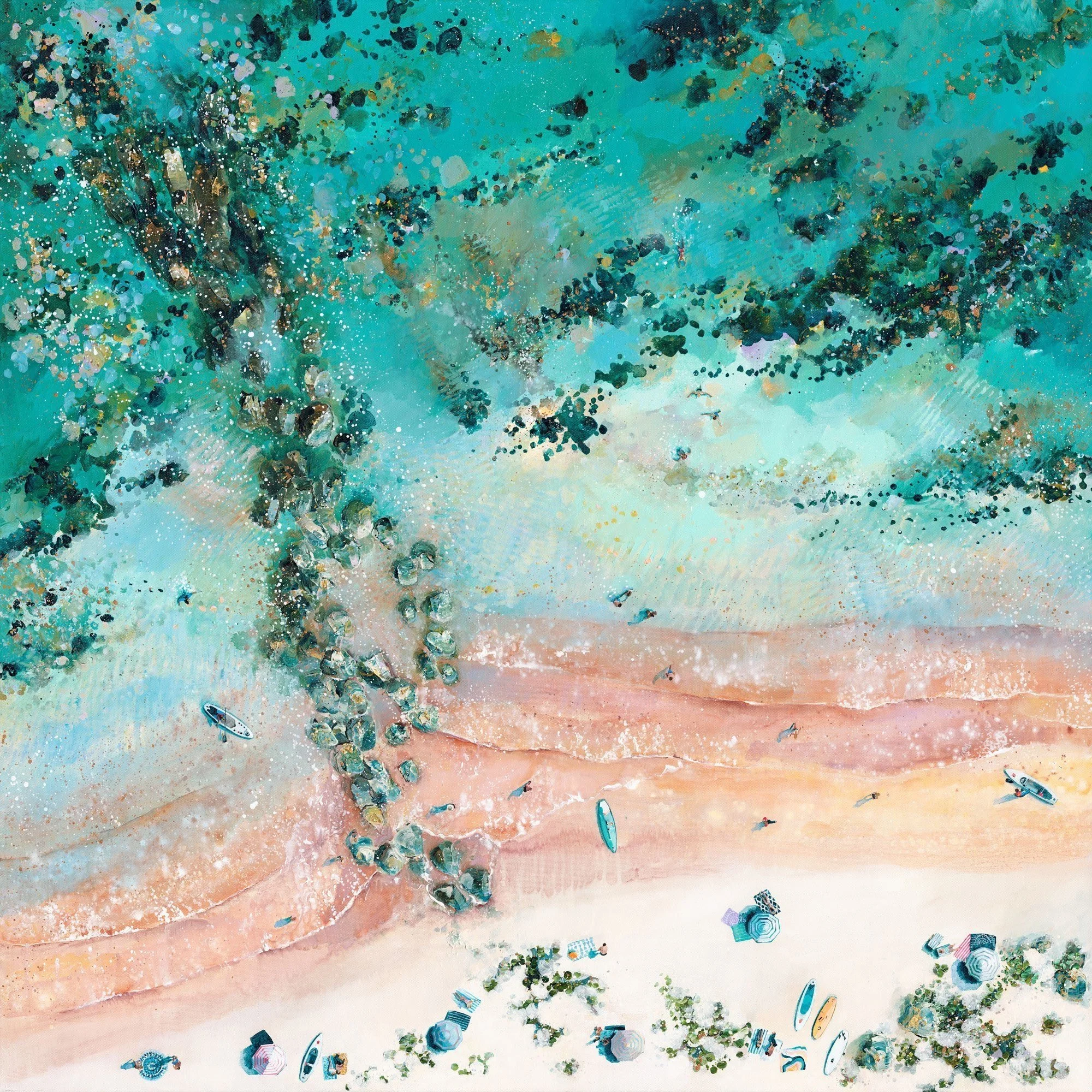 Full Breakwaters print featuring turquoise waters and gold leaf effect, families playing in the surf, brushstroke details