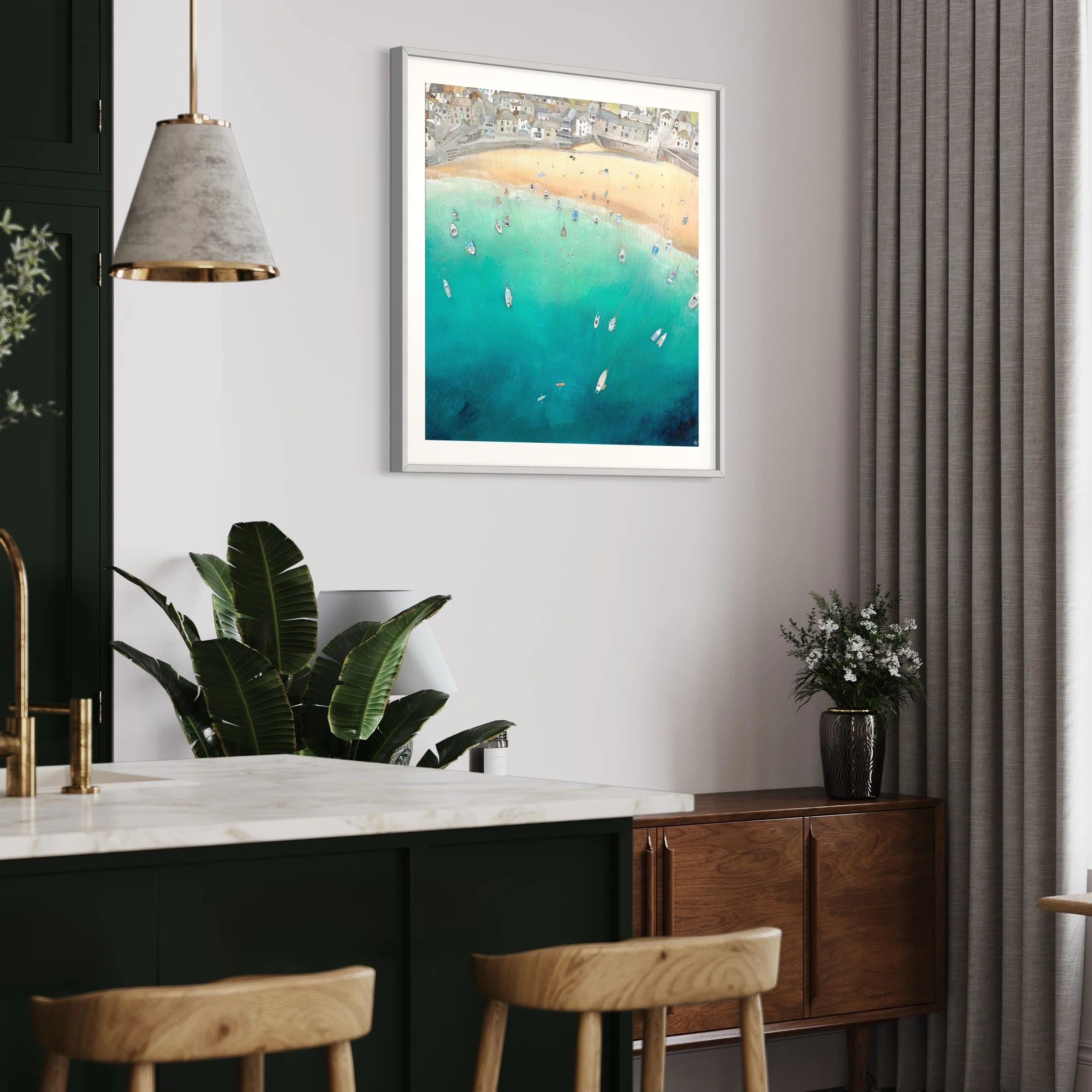 Light On Water in bright modern kitchen, featuring dark painted kitchen cabinets