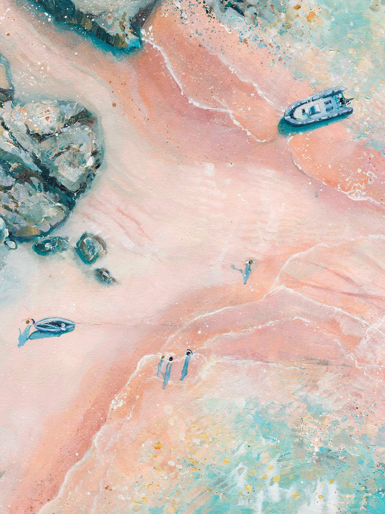 Close-up-of the delicate water ripples and soft pink sand textures in The Tidal Grace archival giclée print.