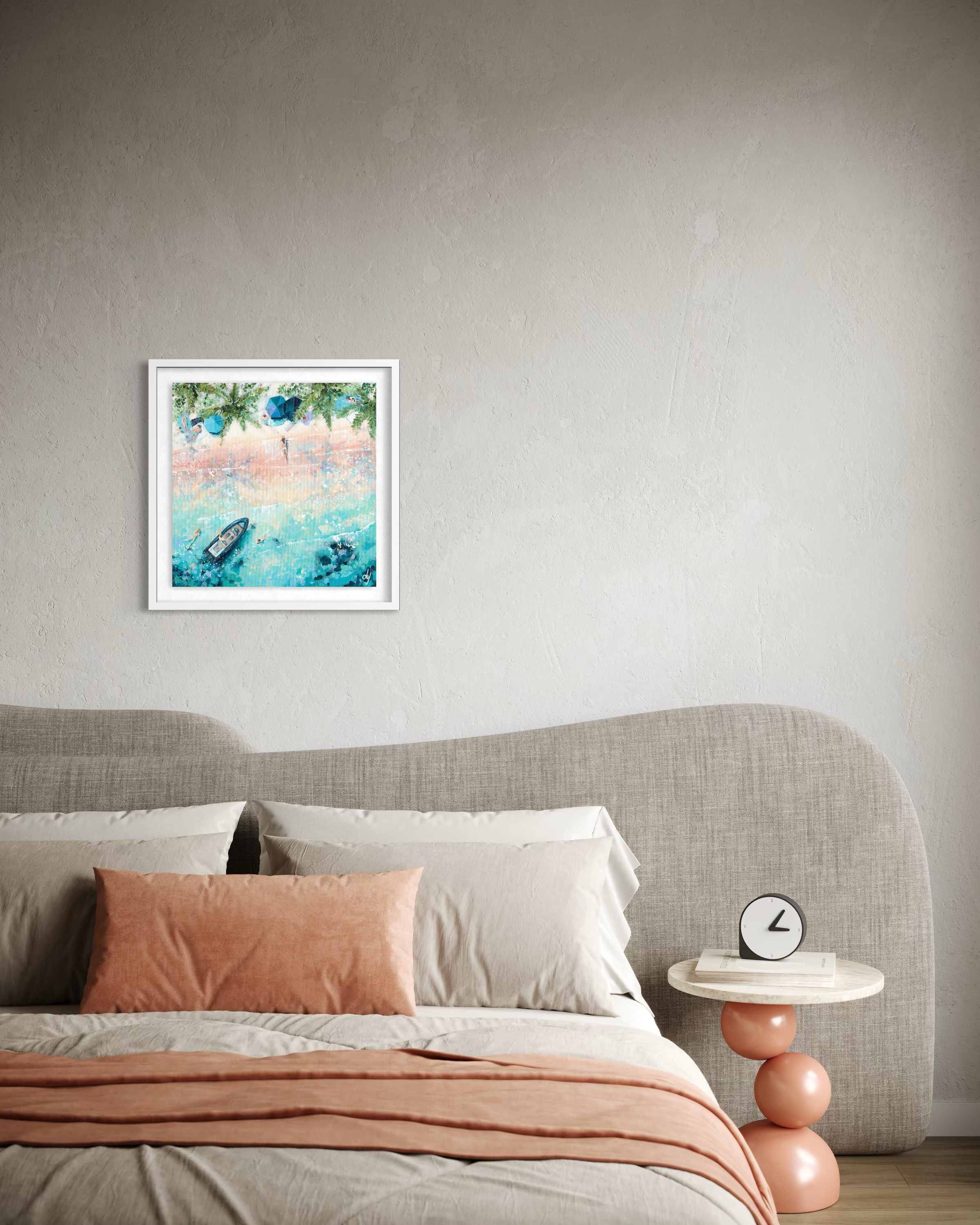 Crystal Sea A framed tropical print, minimalist bedroom, creating a peaceful and serene. atmosphere