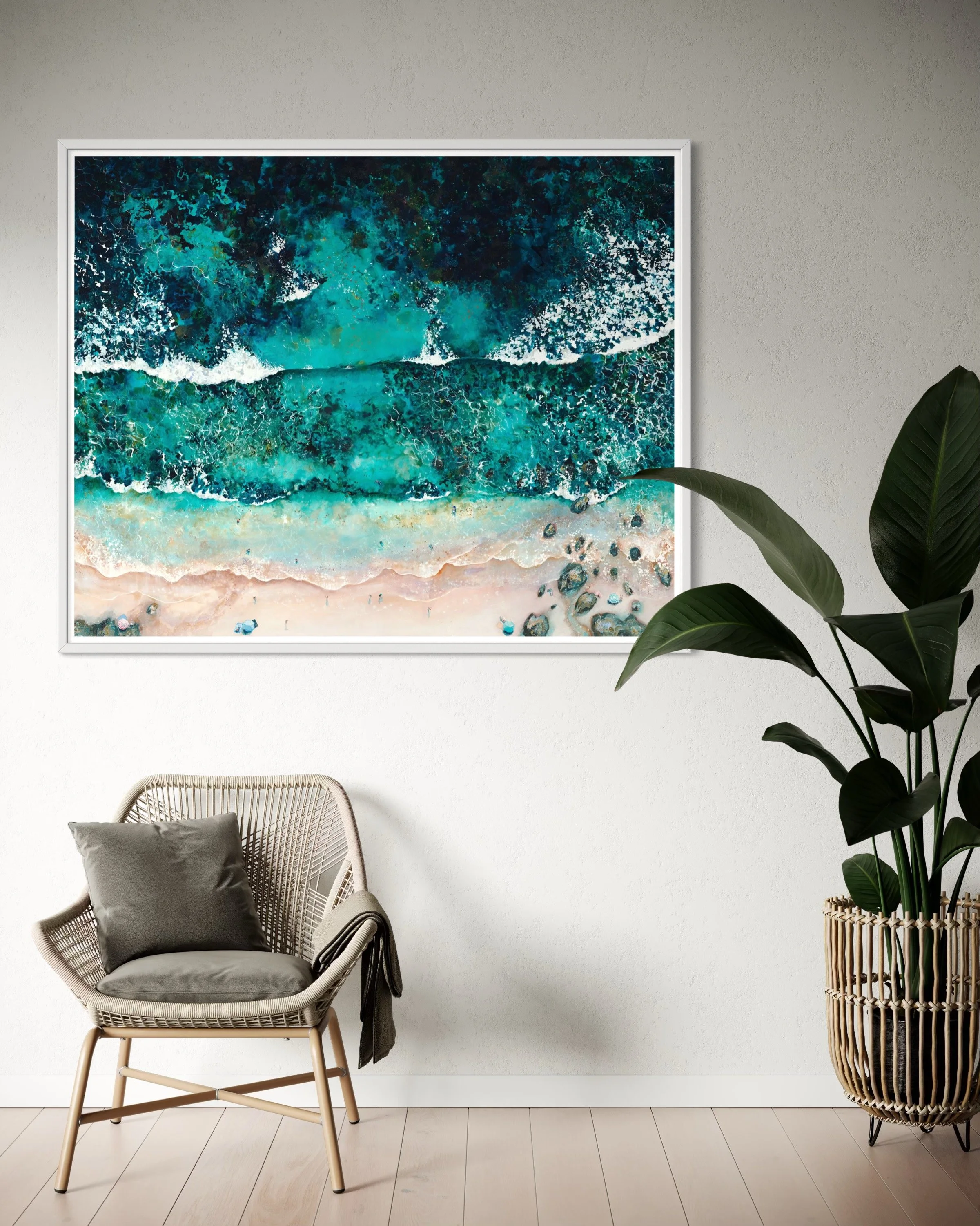 Breath Of Life coastal print framed in white, styled in a bright, modern British living room with natural light