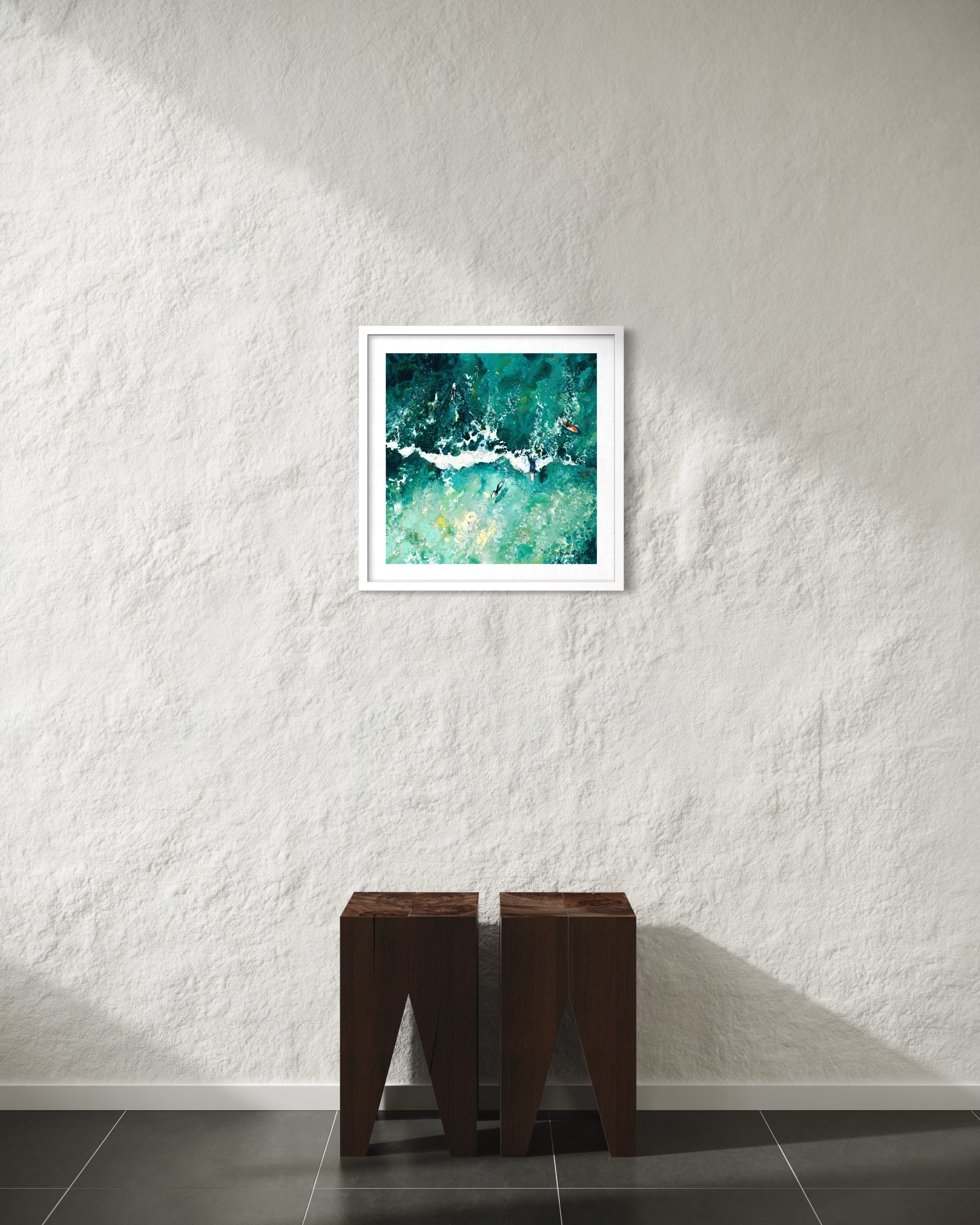 Limited edition coastal print 'Three Mile Surfers' featuring three surfers on a dark turquoise wave at Gwithian Beach, Cornwall.