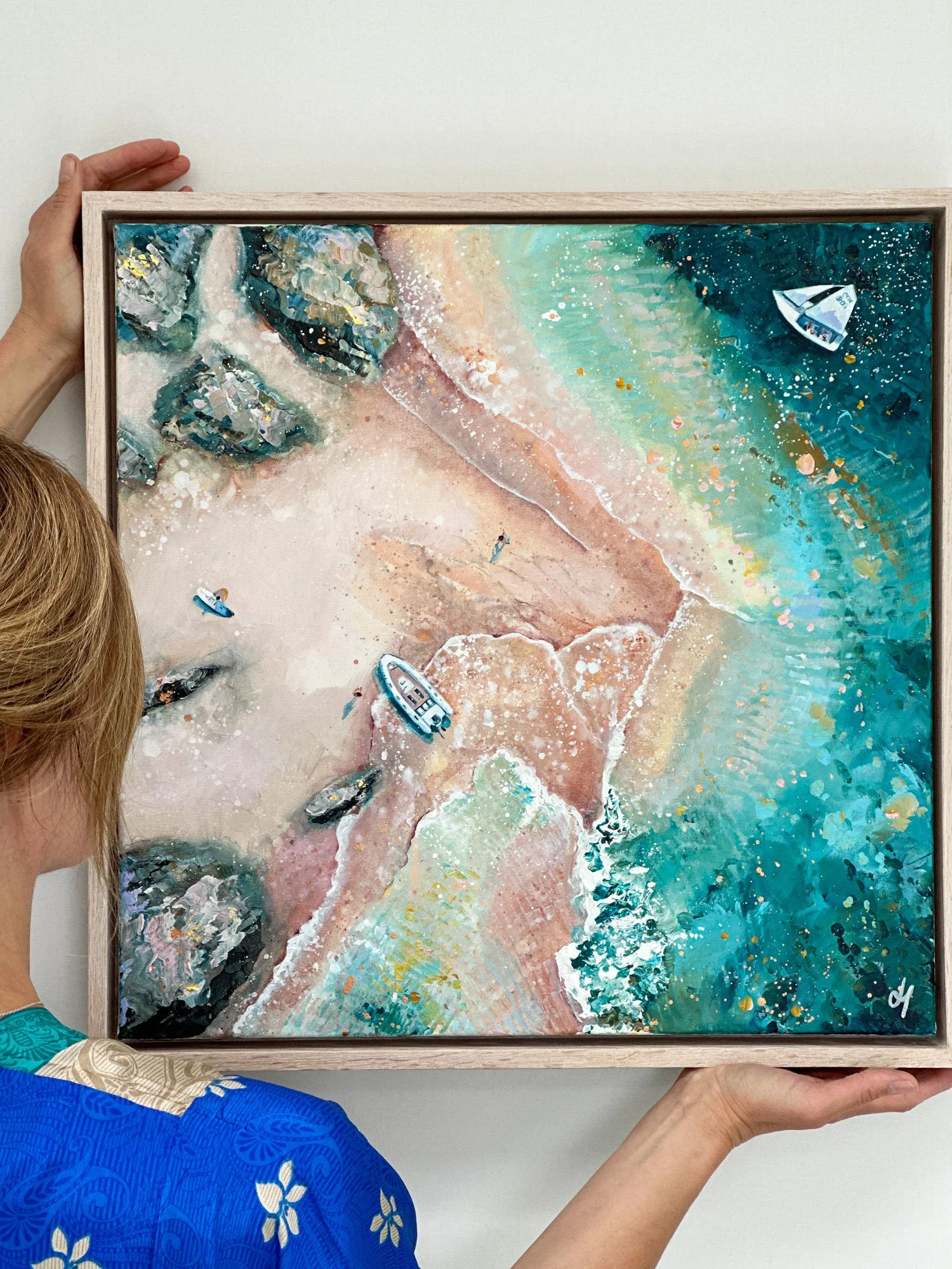 Original aerial acrylic painting 'Gentle Tides' by Lucy Young. Features the Hipple sandbar in Salcombe with a white wooden sailing boat, a paddle boarder, and turquoise water.