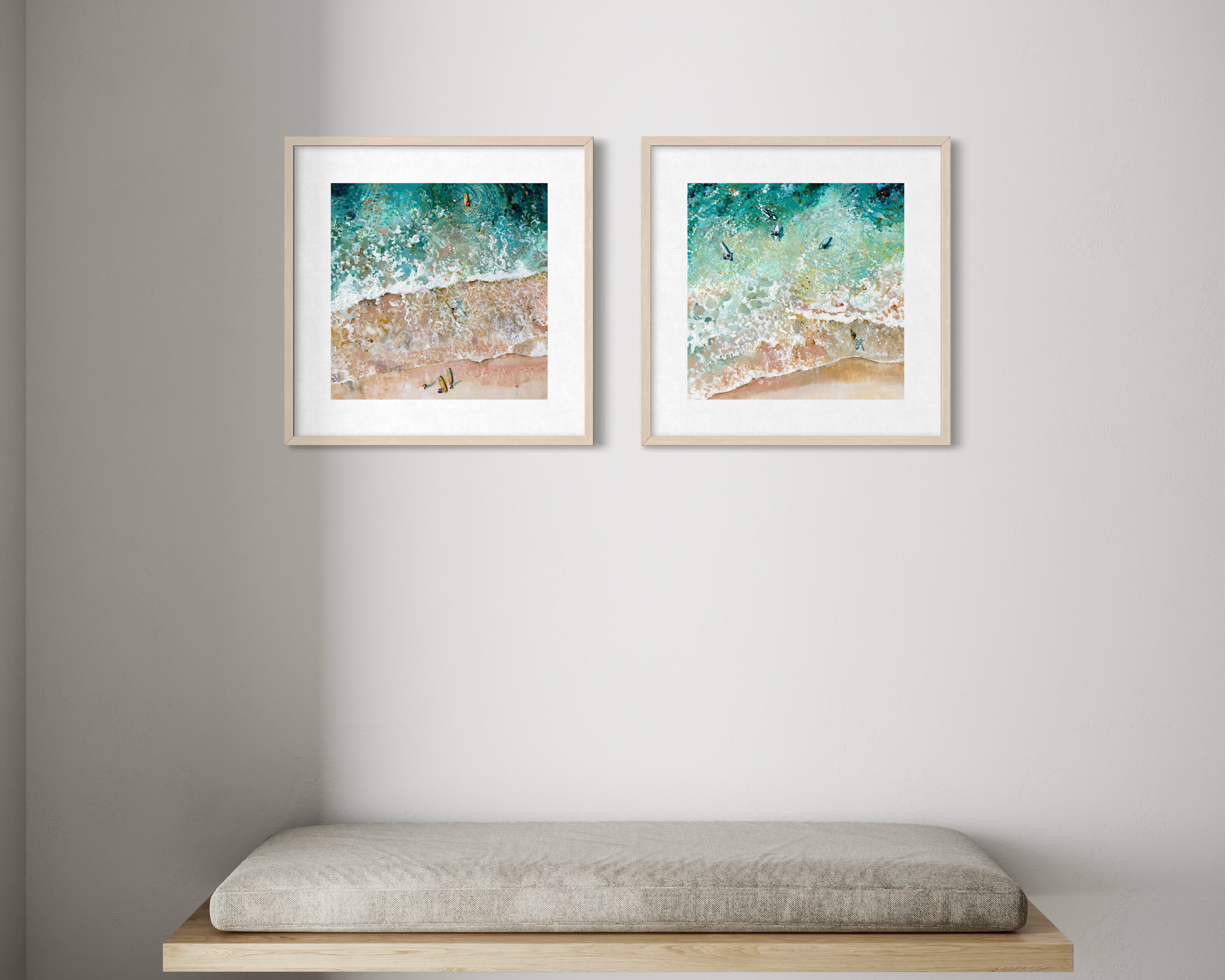 lifestyle gallery wall featuring 'three mile surfers' and 'meet you out there' coastal prints in a modern interior