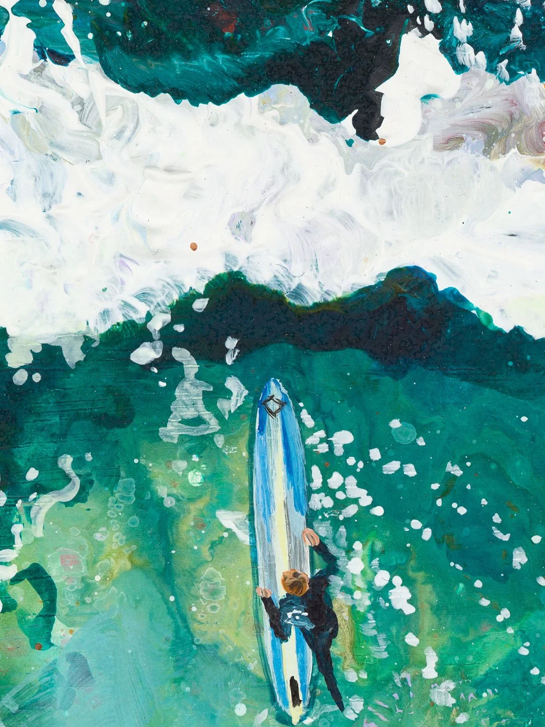 Limited edition surf print 'Follow The Flow' by Lucy Young, depicting two surfers meeting on a Cornish wave.