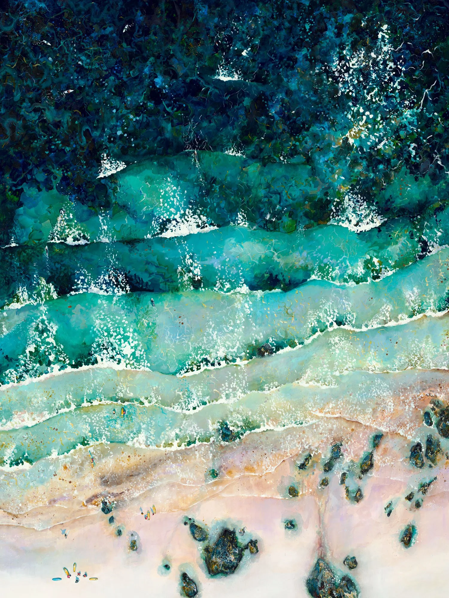 Large original acrylic painting 'Graceful Gwithian' by Lucy Young. Features dark blue rolling surf, coastal rocks, and a surf school on Gwithian Beach, st ives bay, Cornwall.