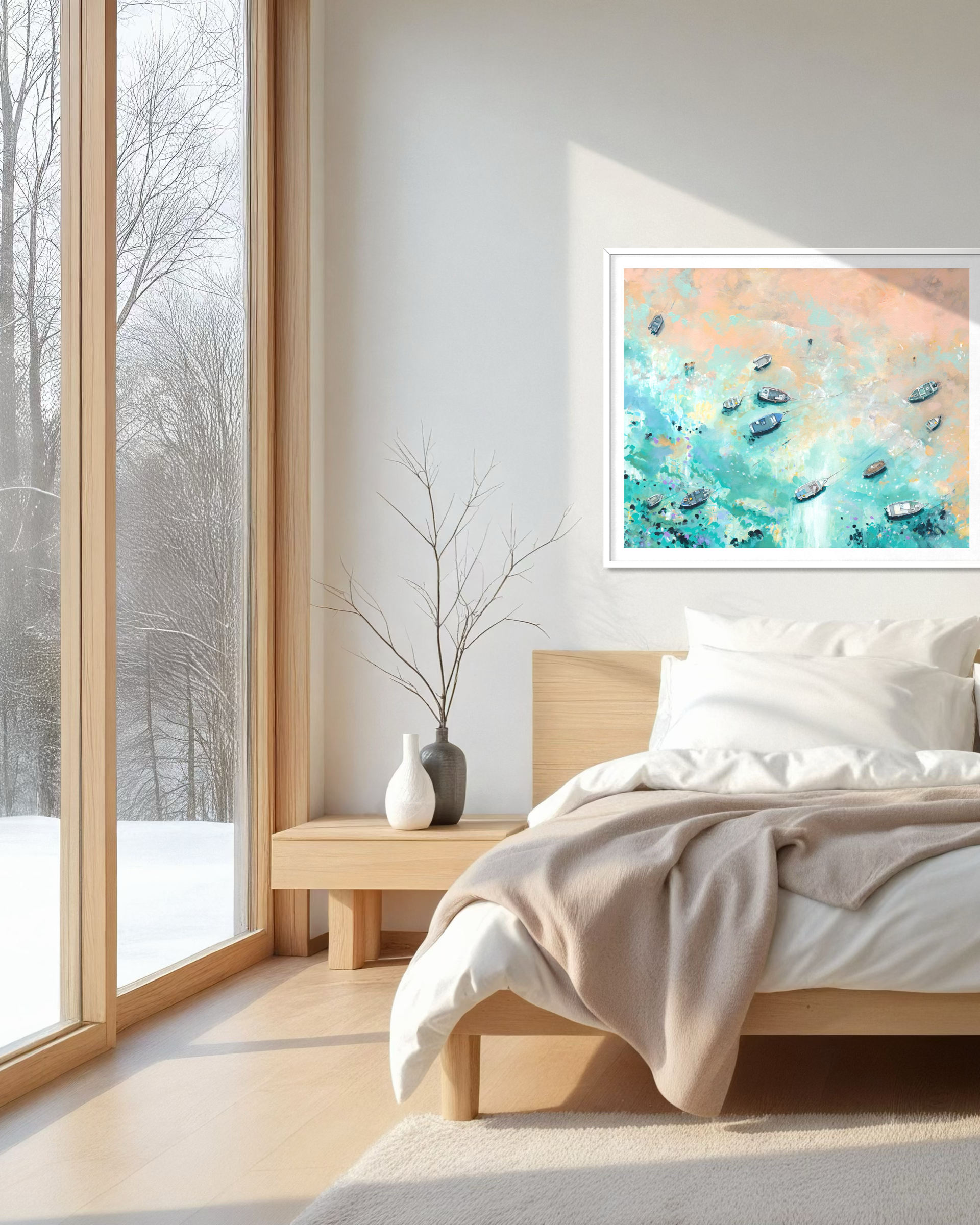 The Drifting Tides print framed in a soft, neutral bedroom, highlighting the pastel and torques blue tones of the St Ives artwork.