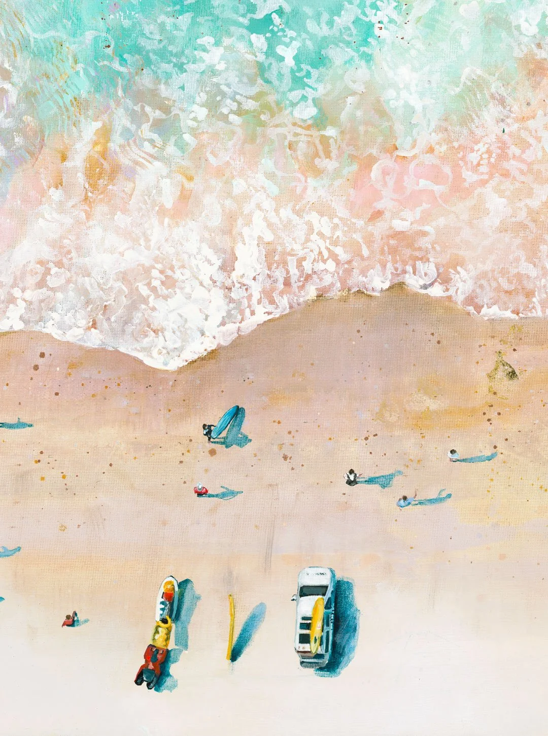 Close-up of 3D-scanned paint texture on Porthmeor Magic print, showing the physical ridges and impasto technique of the Atlantic white water.