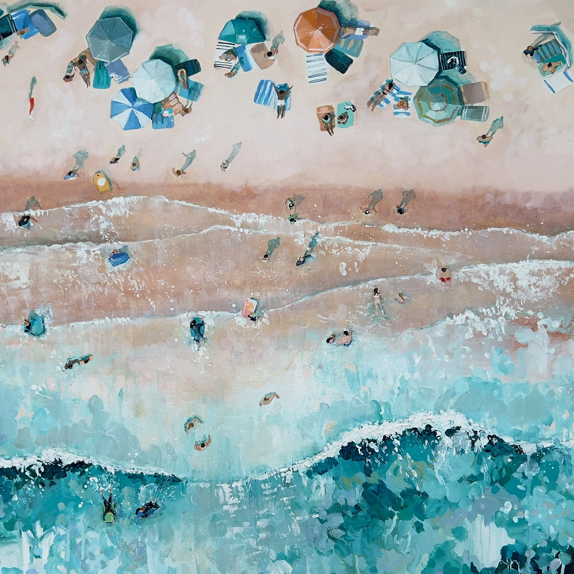 Large original aerial acrylic painting 'Cornish Days' by Lucy Young. Features Porthminster Beach in St Ives with turquoise waves, white surf, and colourful beach parasols.