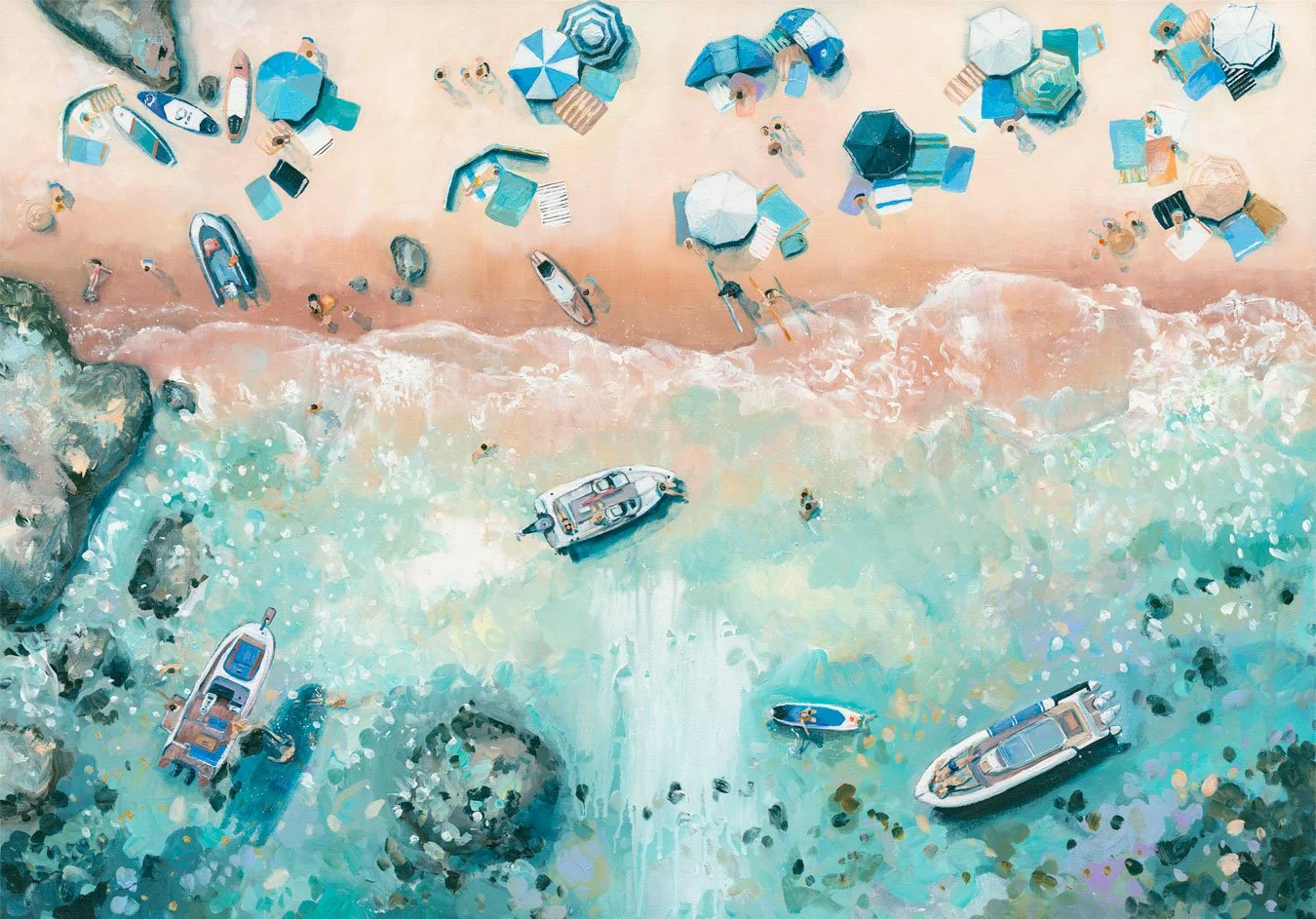 aerial art print titled Sea Glass Cove by Lucy Young, showing a busy summer beach in Salcombe with paddle boards and sun bathers