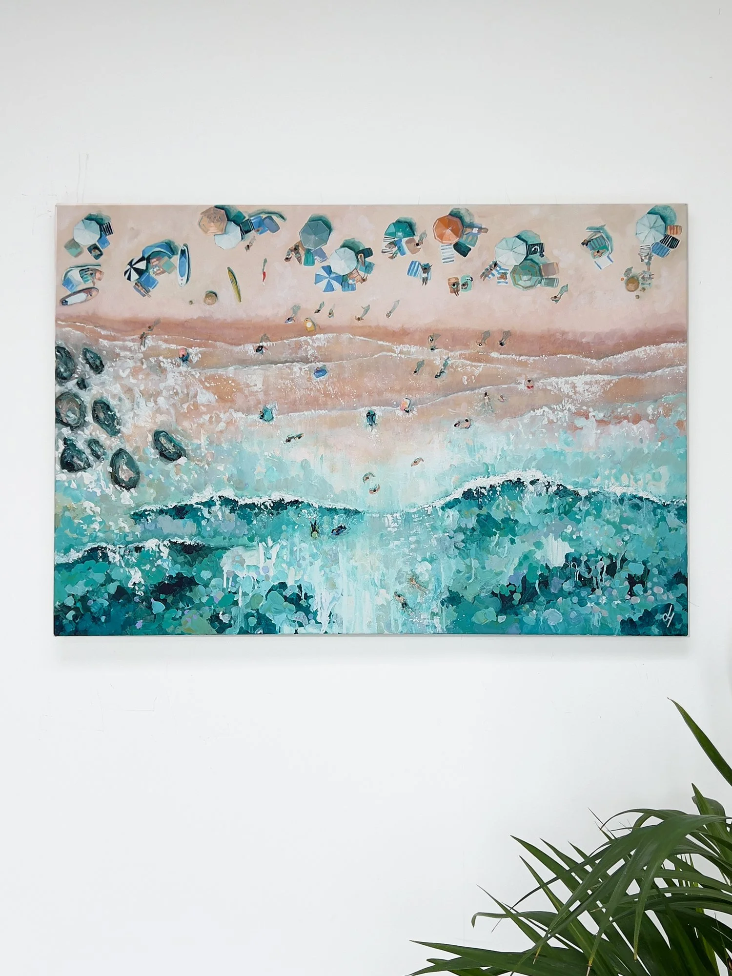 Large original aerial acrylic painting 'Cornish Days' by Lucy Young. Features Porthminster Beach in St Ives with turquoise waves, white surf, and colourful beach parasols.