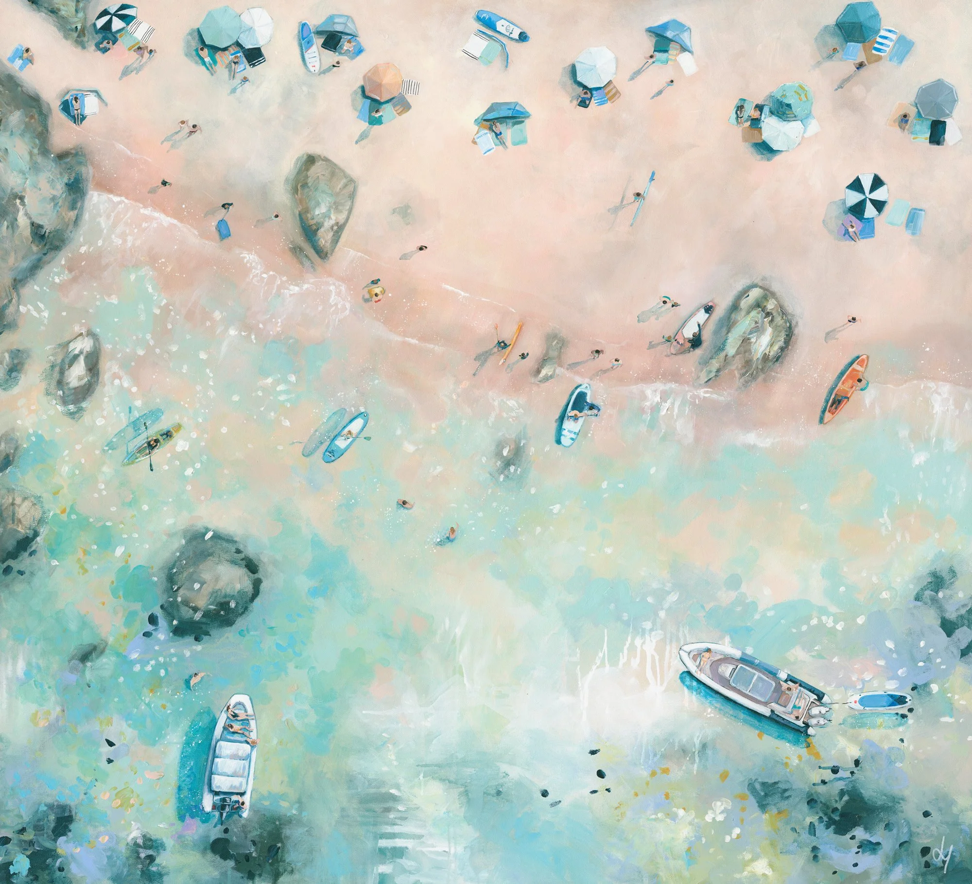 aerial seascape art print of sunny cove Salcombe, Devon, featuring turquoise water and golden sand by Lucy Young