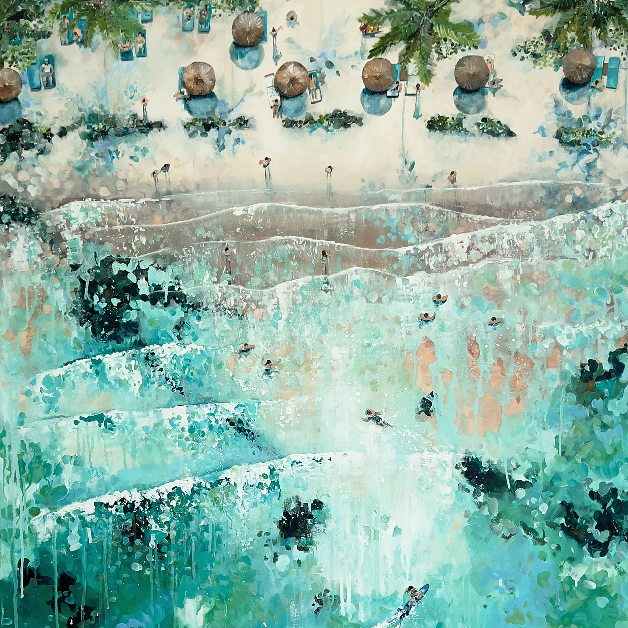 Large original aerial acrylic painting 'Sea Breeze' by Lucy Young. High-angle view of a Mauritius resort with straw umbrellas, palm trees, and a kitesurfer in turquoise waves.