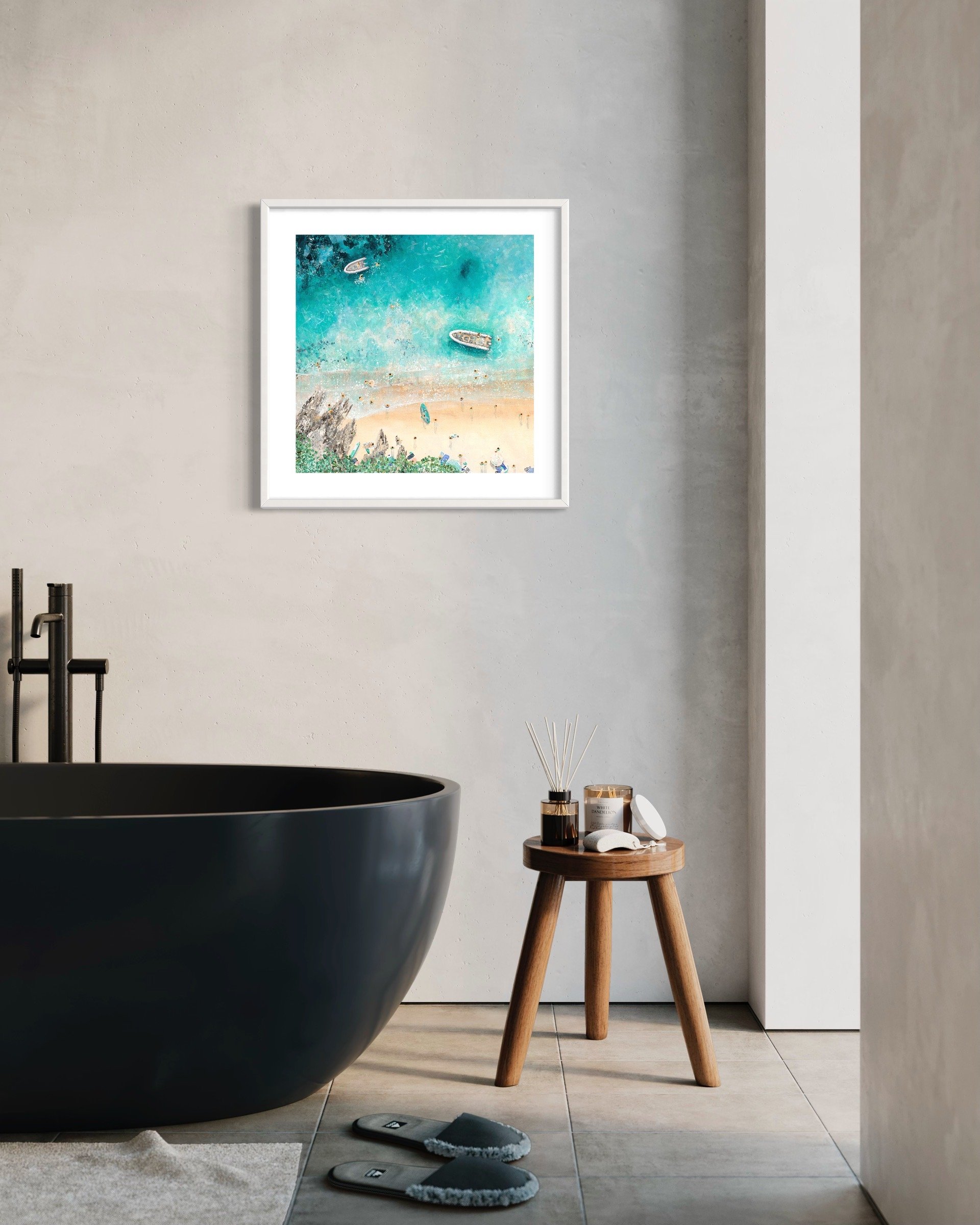 The Sunny Cove print styled in a small coastal bedroom, evoking a sense of coastal calm and summer love.