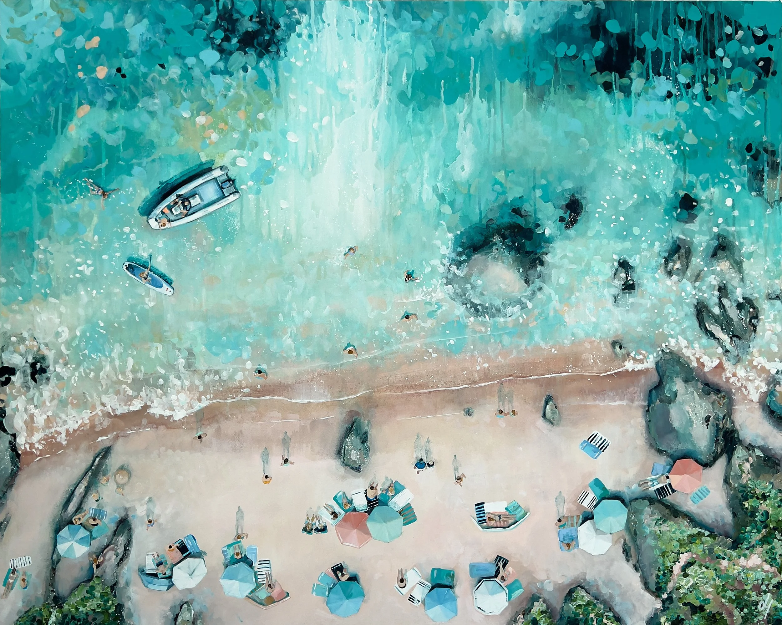 Explore "Perfect Day," an original acrylic painting of Sunny Cove, Salcombe by Lucy Young. A vibrant aerial study of sun-worshippers, turquoise waters, and boats on the East Portlemouth shoreline. A contemporary statement piece for coastal interiors.