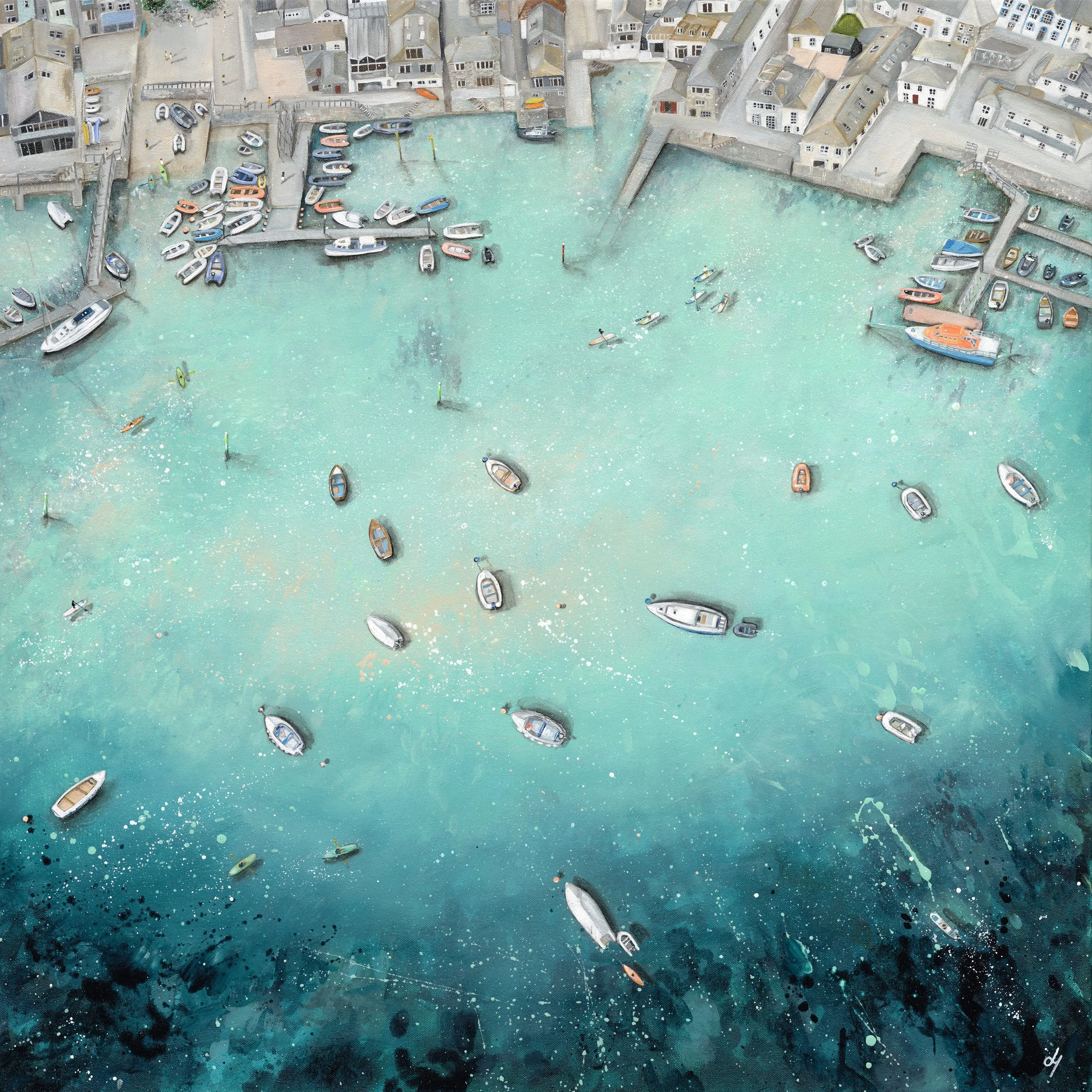 Close-up of the Salcombe RNLI Lifeboat and detailed harbour buildings in the Spirit Of Salcombe archival giclée print.