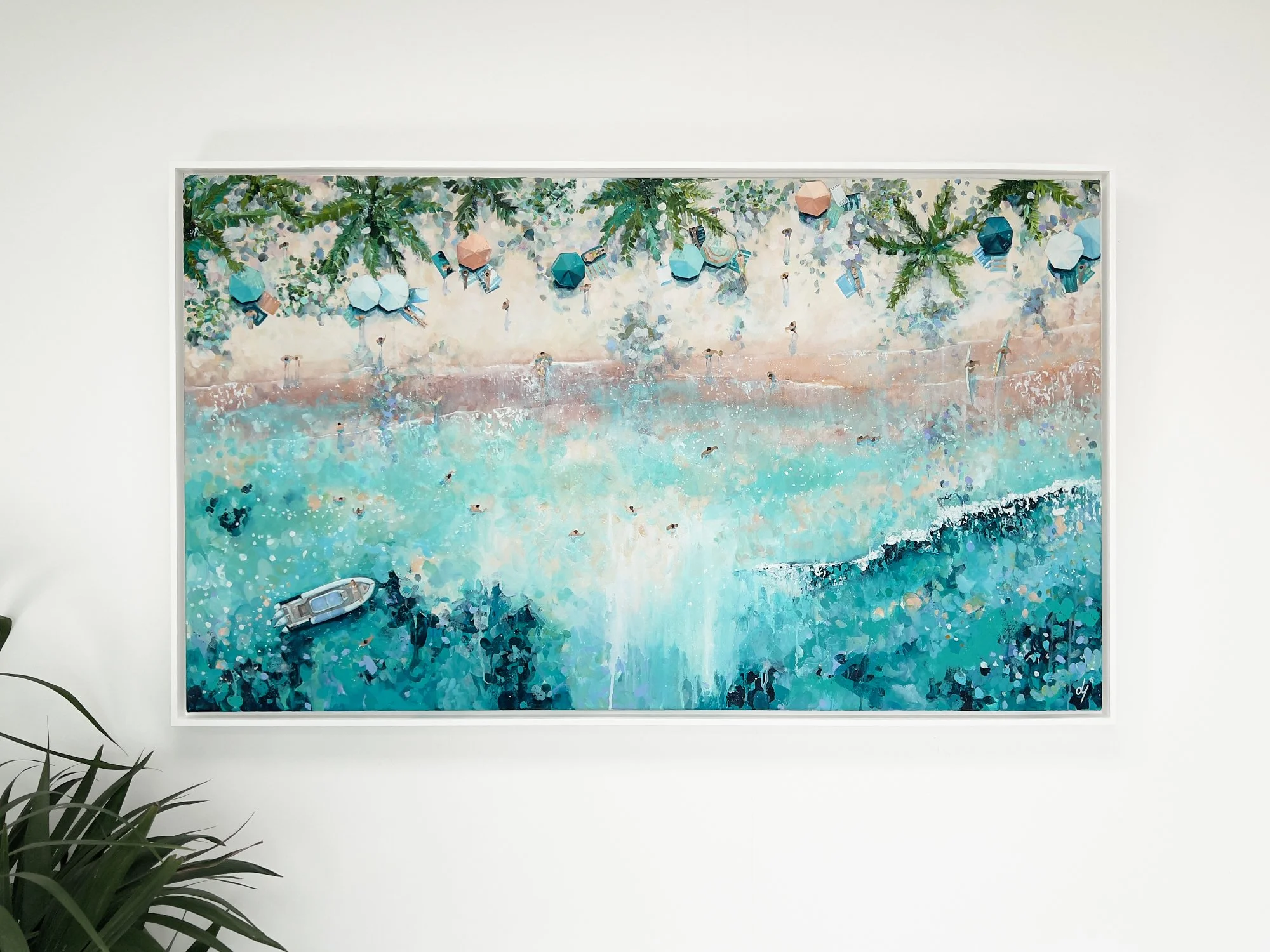 Original aerial acrylic painting 'Palm Light' by Lucy Young. Features a Maldives beach with sun loungers sitting in clear turquoise water under towering palm trees.
