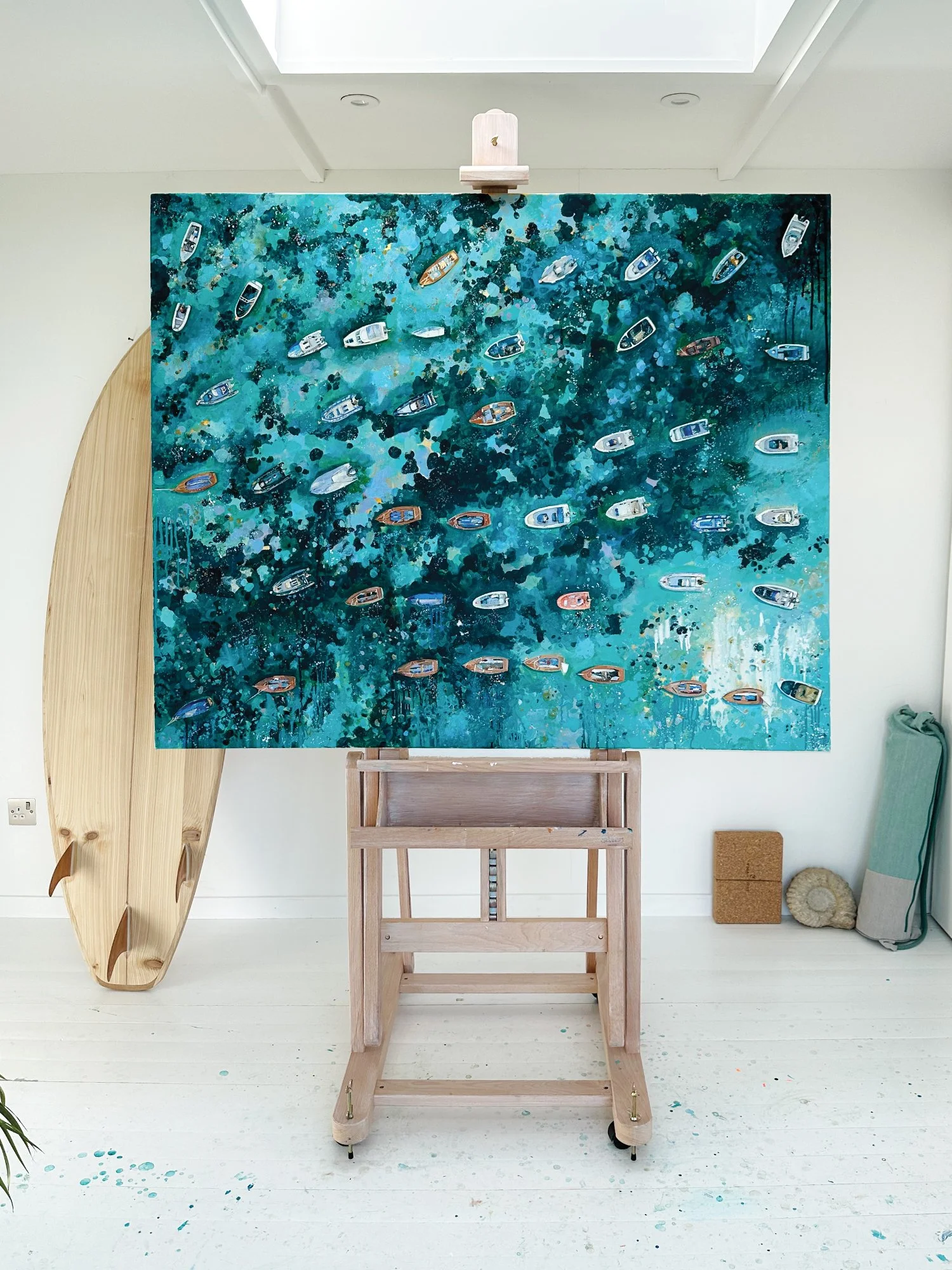 Explore "Rising Light," a contemporary original acrylic painting of Salcombe Harbour by Lucy Young. Featuring iconic wooden Salcombe Yawls and local boats moored on the estuary at dawn. A sophisticated study of South Devon maritime life.