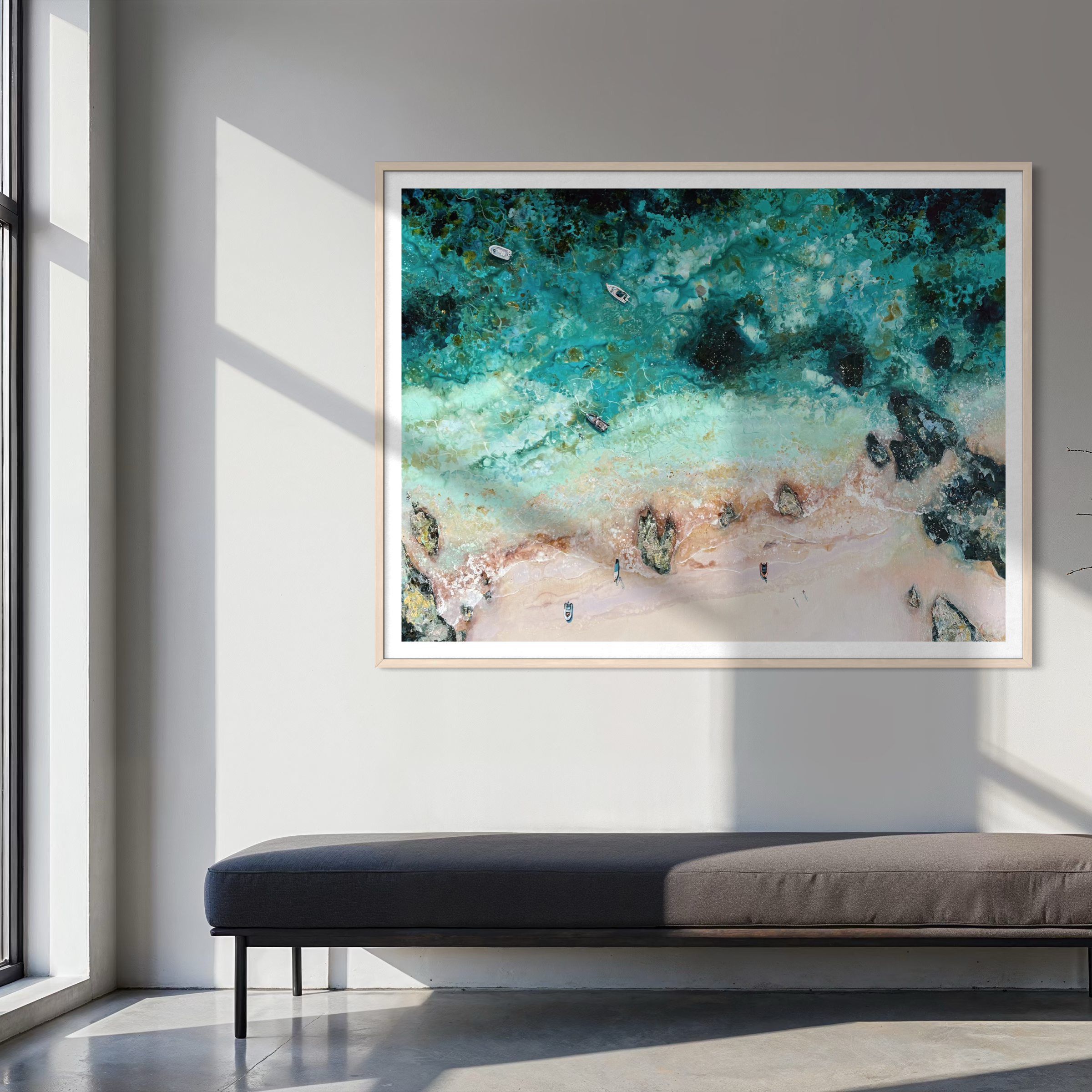 aerial seascape art print of mill bay on the Salcombe estuary, Devon, featuring turquoise water and white sand by Lucy Young