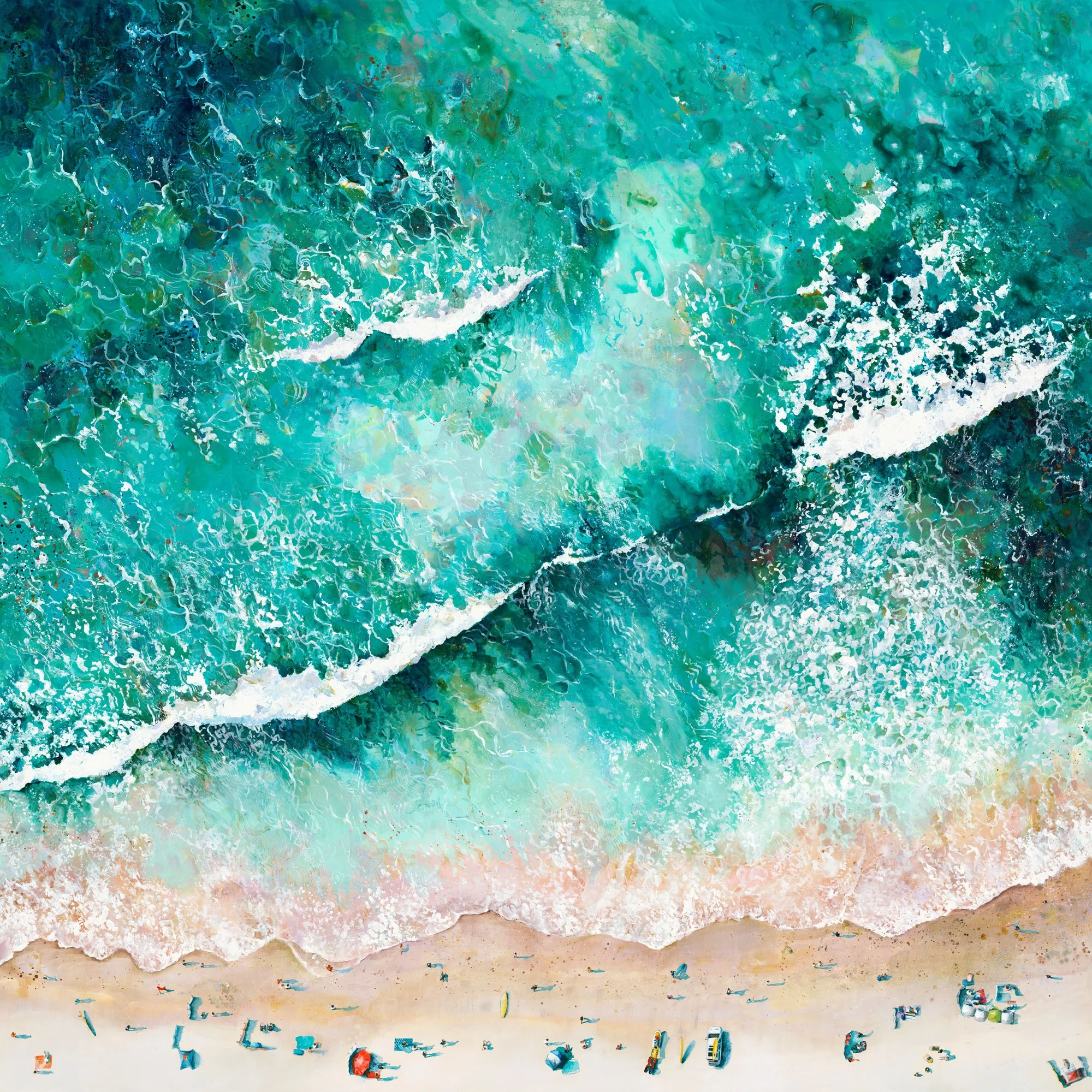 Large-scale Porthmeor Magic art print framed above a contemporary sofa, showcasing Cornish coastal decor and St Ives surf art."