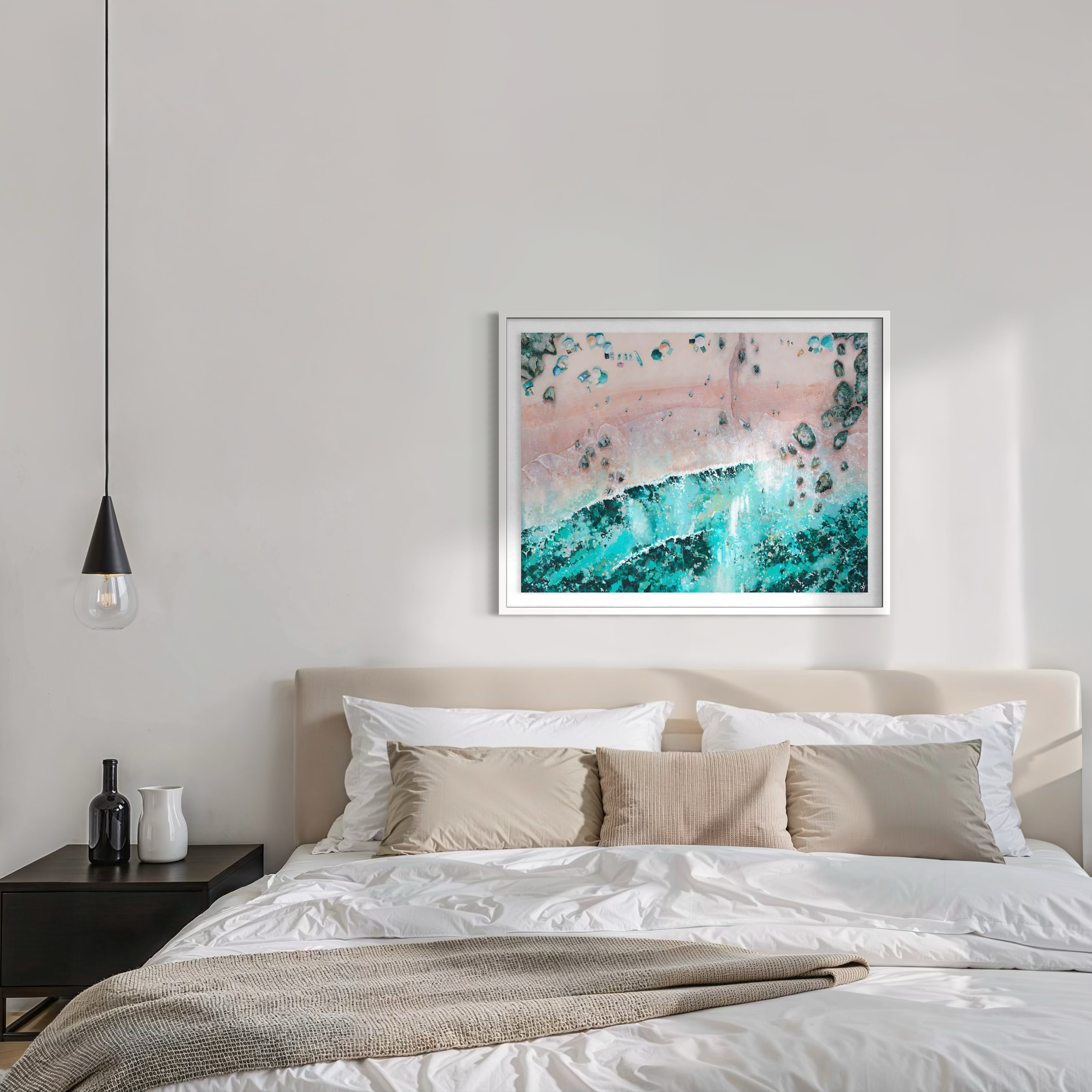 Vibrant aerial seascape print titled Sherbet Dip by Lucy Young, featuring pink sand, turquoise rolling waves, and colourful beach parasols