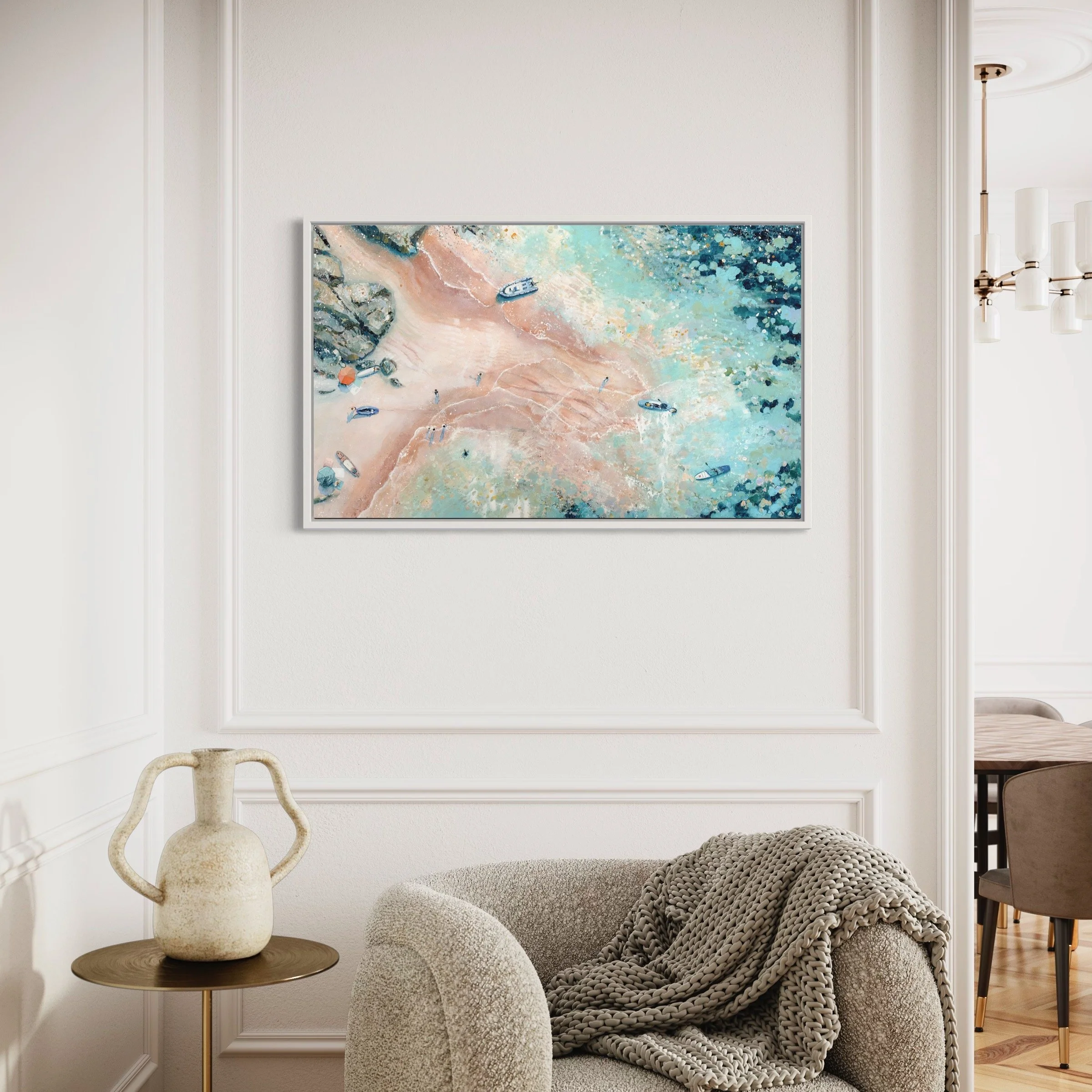 Discover "Enigmatic Tides," an original acrylic painting of a hidden Salcombe beach by Lucy Young. Featuring soft pastel pinks, greens, and exploring kayaks. A contemporary study of the South Devon coastline revealed only by the spring tides.