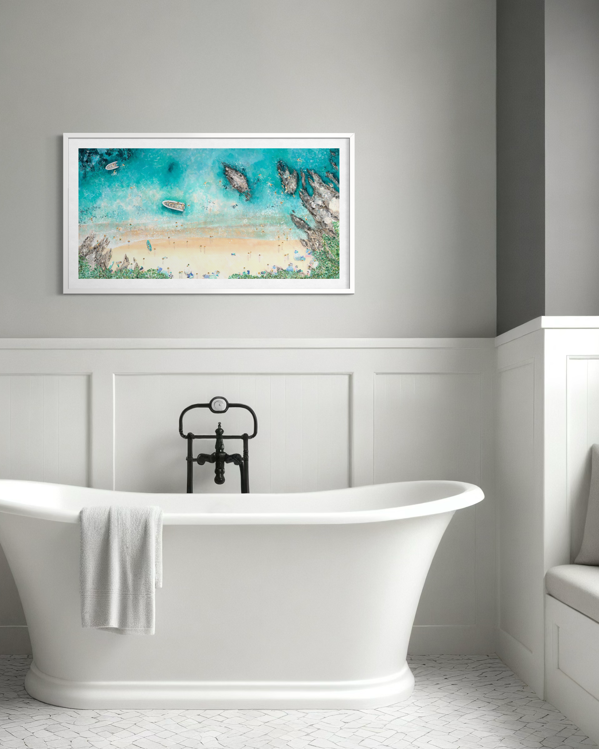 The Sunny Cove panoramic print styled above a classic monochrome bathroom, showcasing the wide-angled view of Sunny cove coastline.