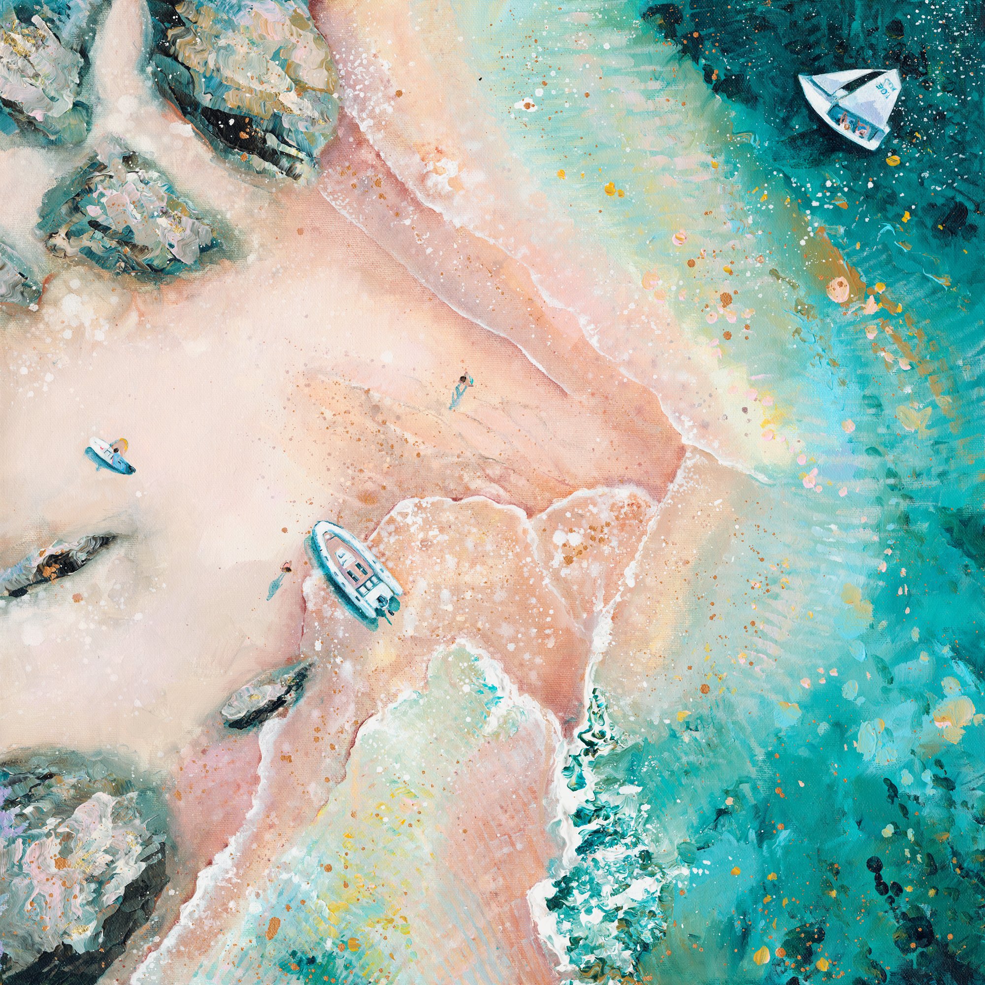 Small aerial art print delicate water ripples and the small boast moored on the sandbar in the Gentle Tides archival giclée print.