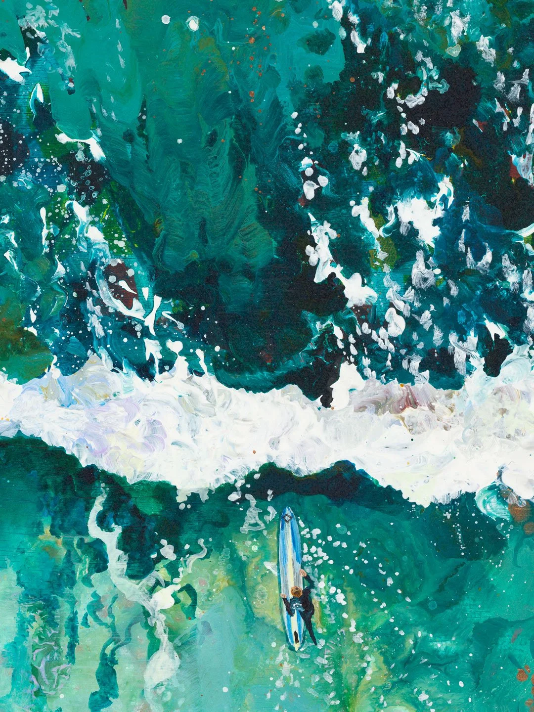 Limited edition surf print 'Follow The Flow' by Lucy Young, depicting two surfers meeting on a Cornish wave.