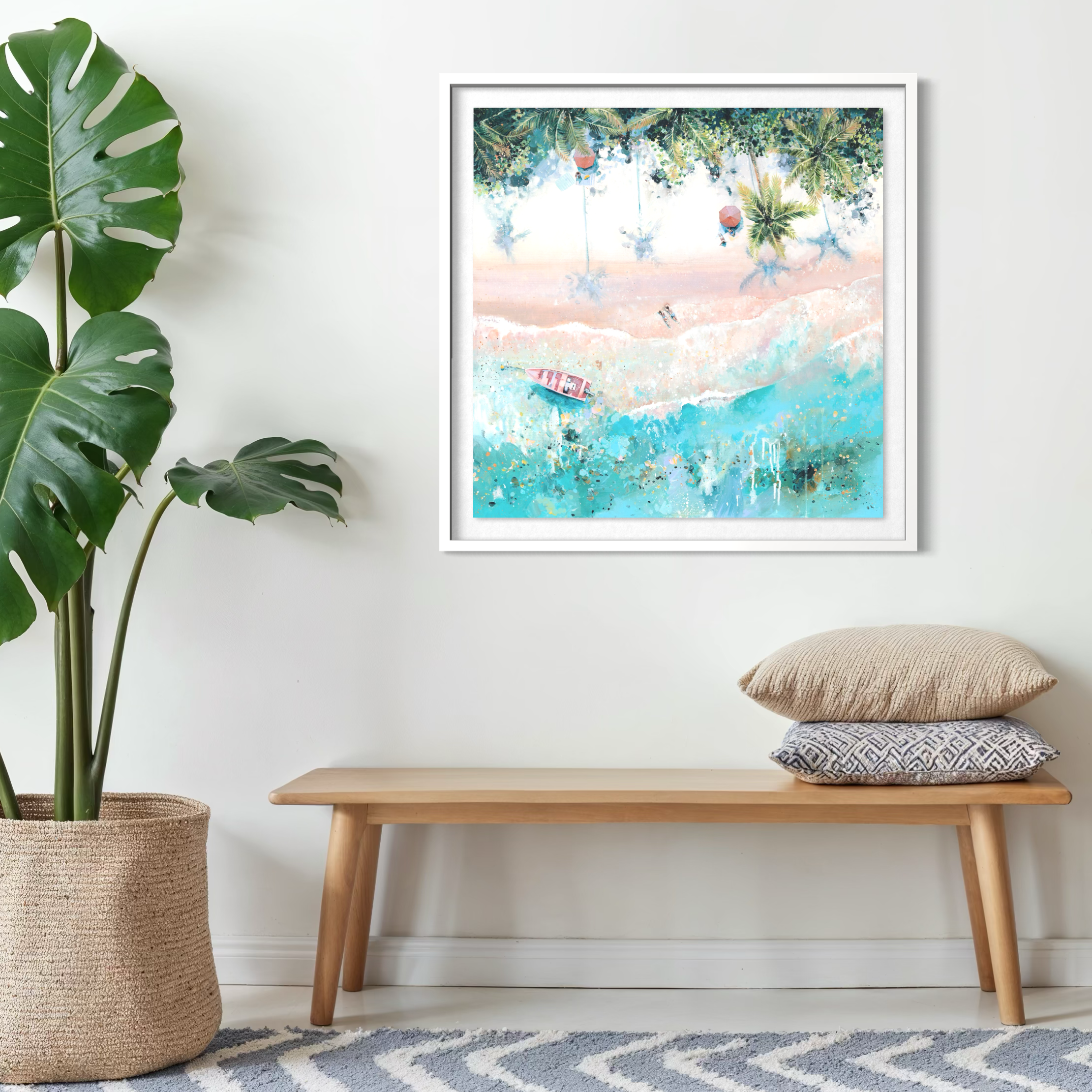 'Pink Paradise' Art Print | Tropical Beach & Pink Wooden Boat | Exotic Coastal Giclée Print