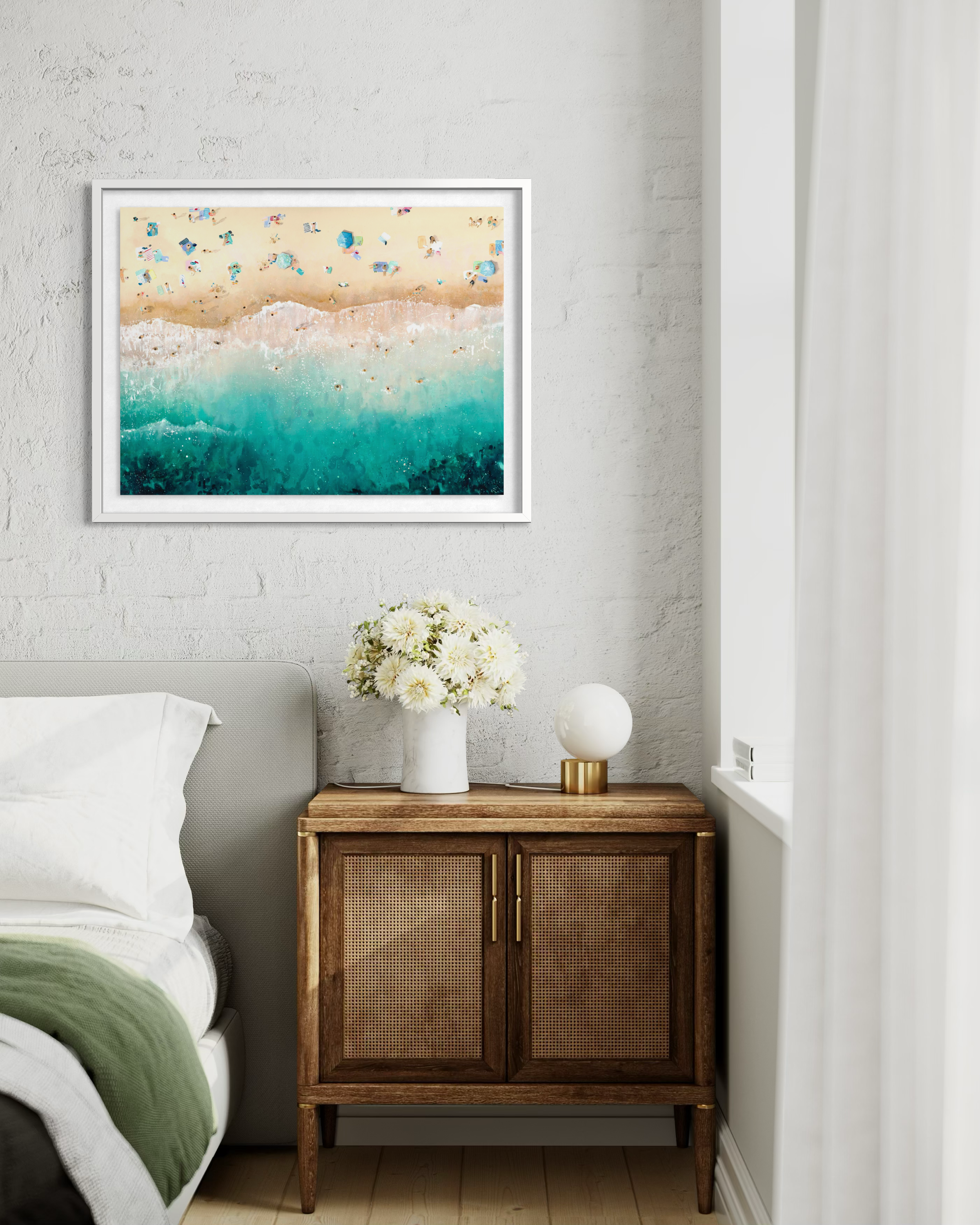 high aerial art print titled Kaleidoscopic Shores by Lucy Young, featuring turquoise water, White Sea foam, and colourful swimmers.