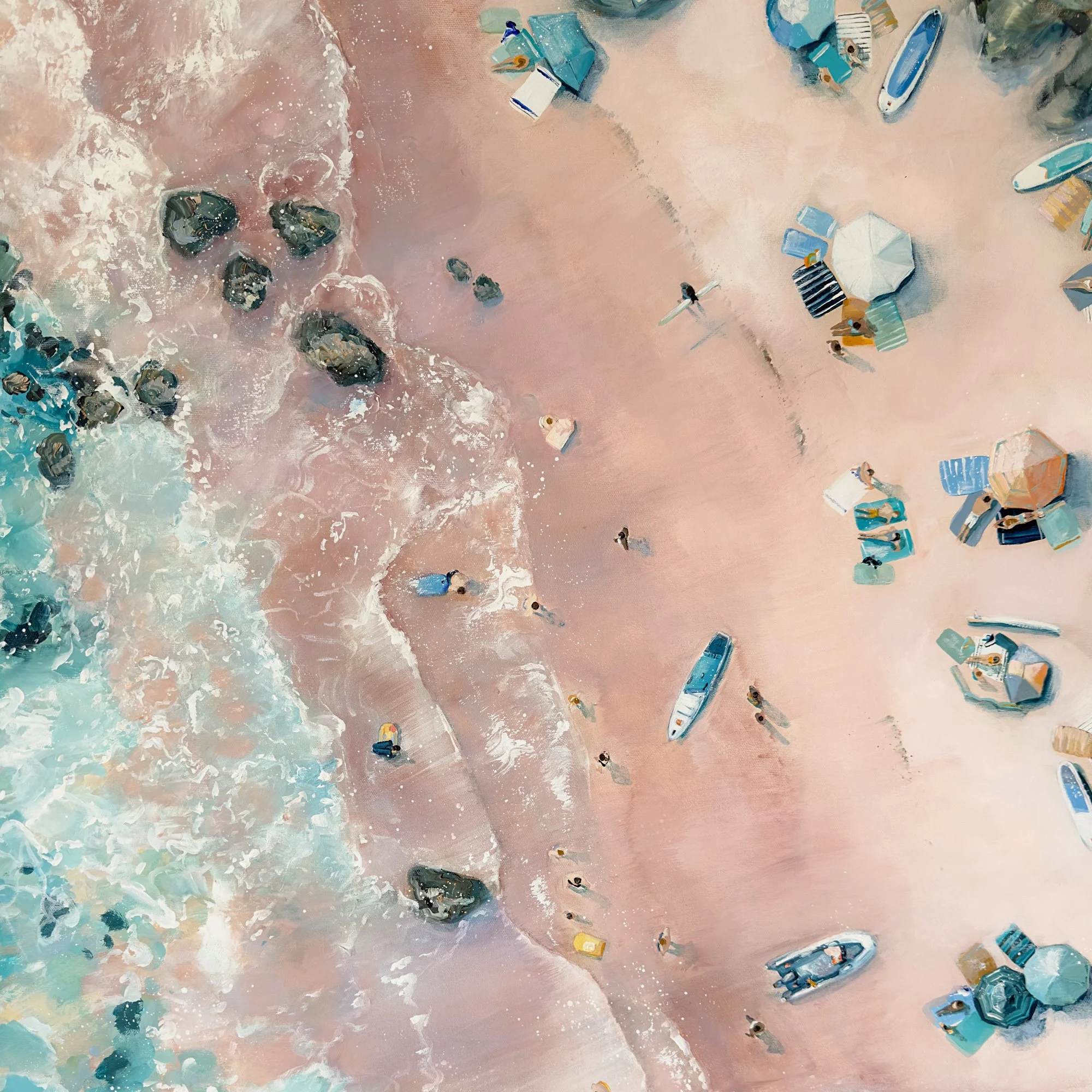 Original aerial acrylic painting 'Gara Rock' by Lucy Young. Featuring pink sand and turquoise sea at Gara Rock beach along the South West Coast Path near Salcombe.