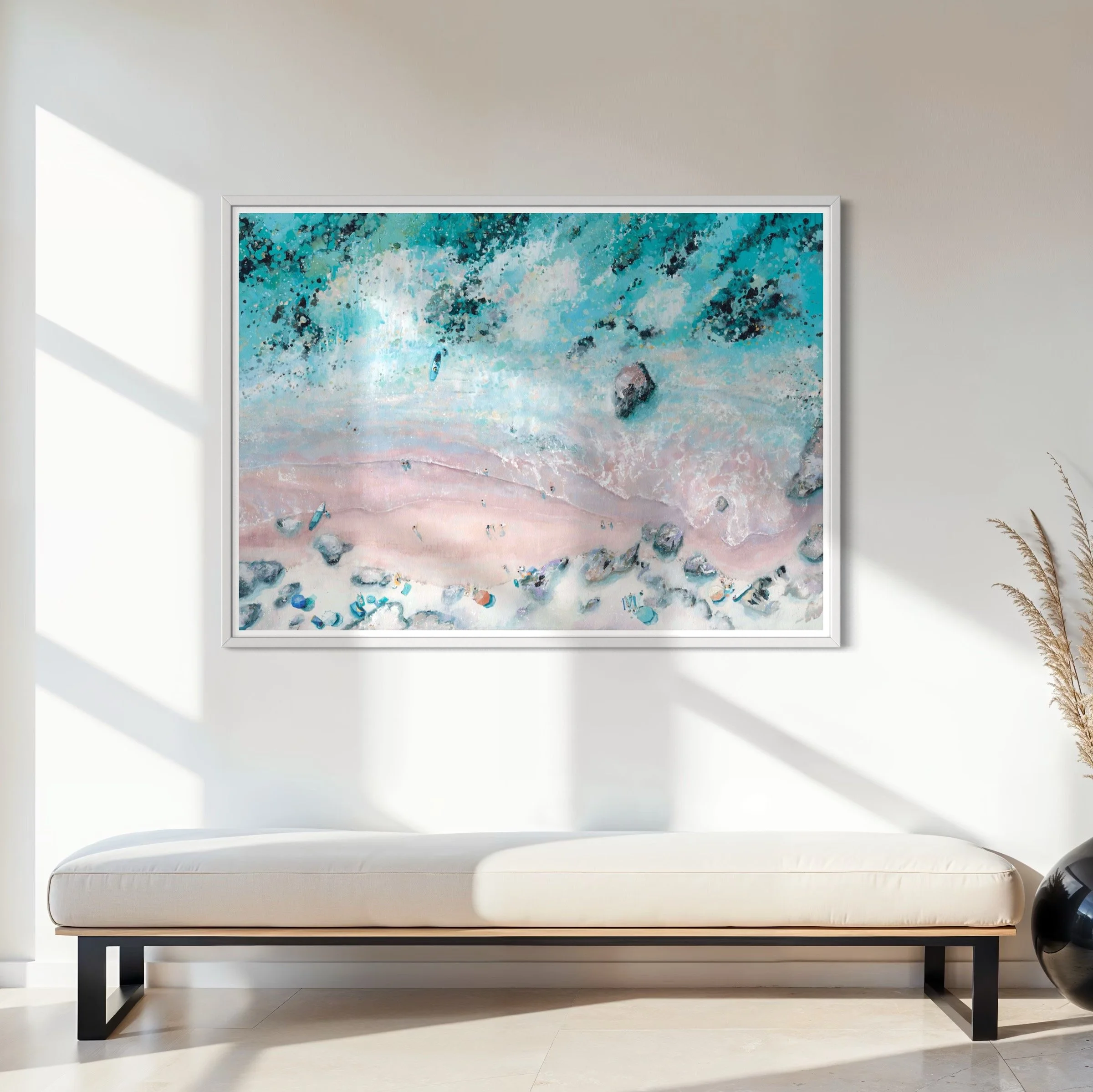 Mattiscombe sands south Devon salcombe print, framed in a bright white frame set in a modern coastal home, print by Lucy Young