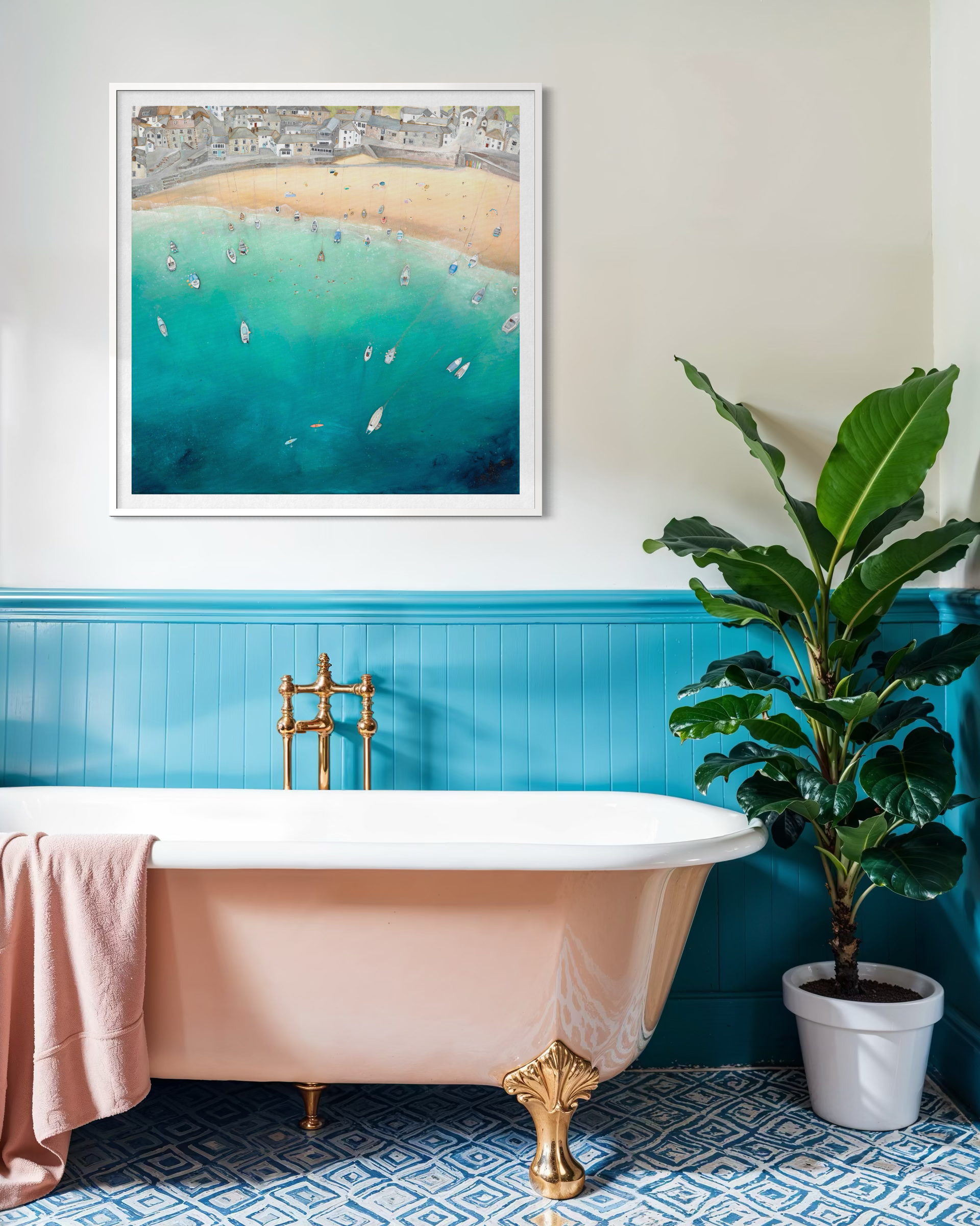 The Cornish Shores print styled in a dark blue coastal cottage hallway, capturing the historic charm of Mousehole, Cornwall