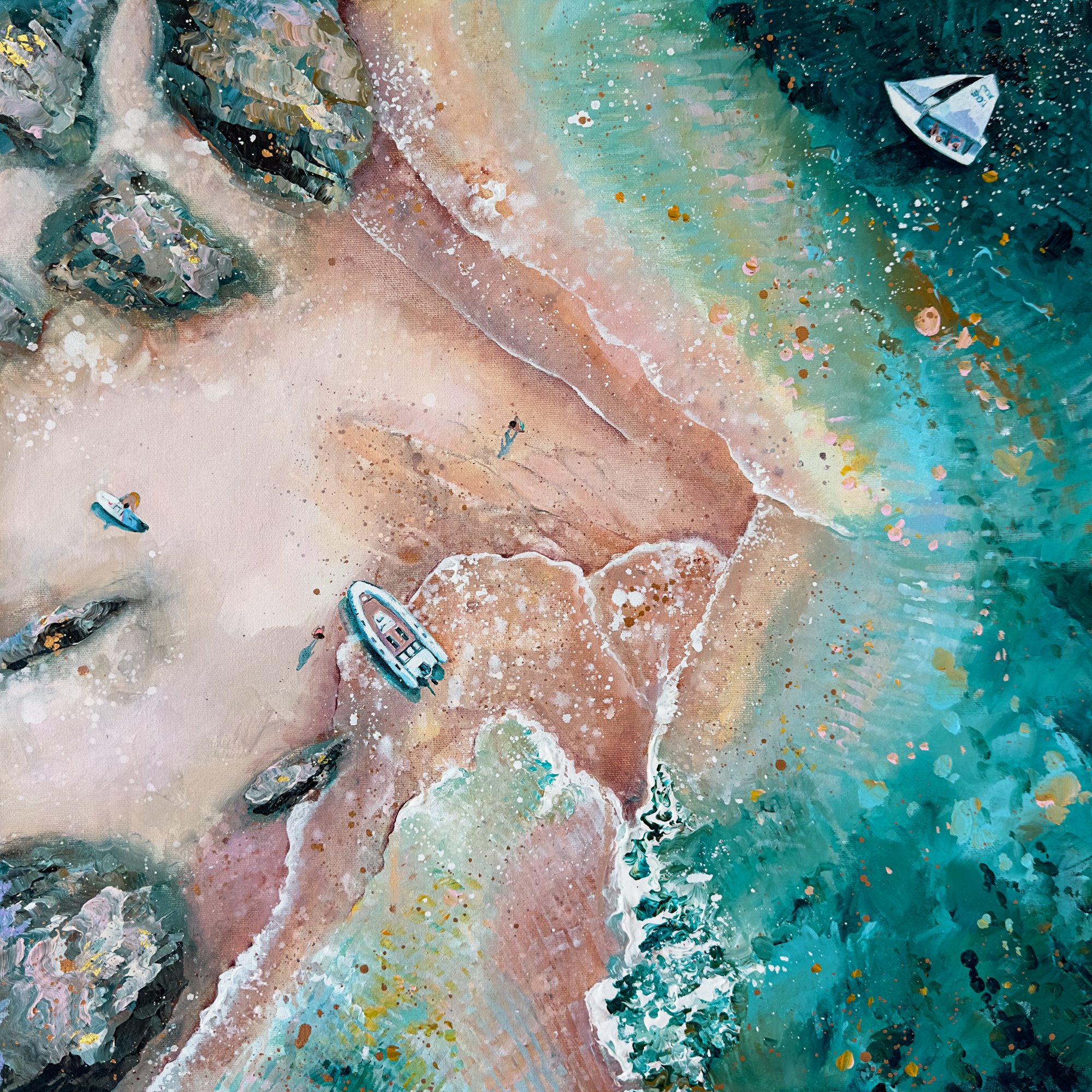 Original aerial acrylic painting 'Gentle Tides' by Lucy Young. Features the Hipple sandbar in Salcombe with a white wooden sailing boat, a paddle boarder, and turquoise water.