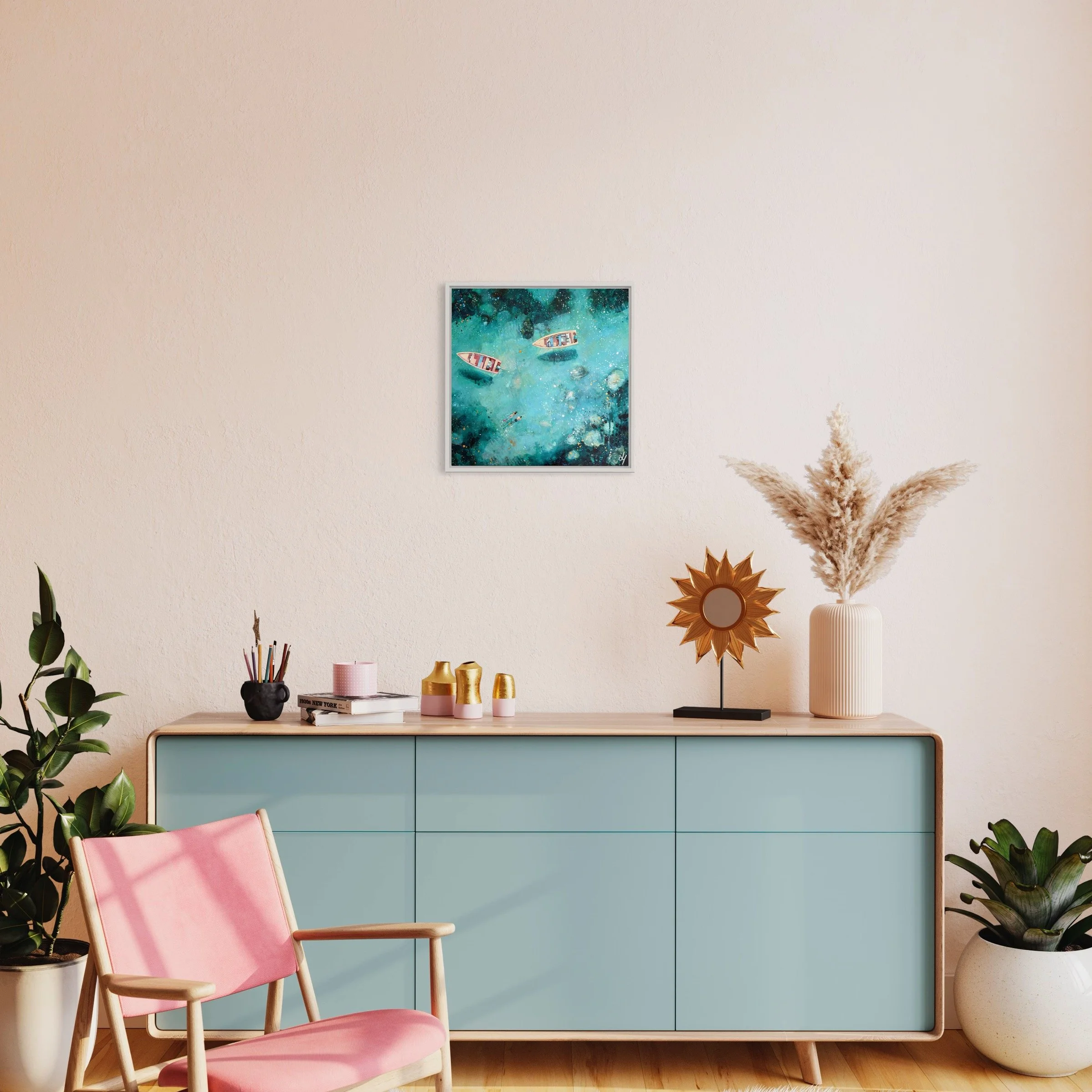 Discover "Crystal Waters," an original acrylic painting by Lucy Young. Featuring two pink wooden boats and a couple snorkelling in clear Mediterranean waters. A contemporary study of light, texture, and coastal adventure.