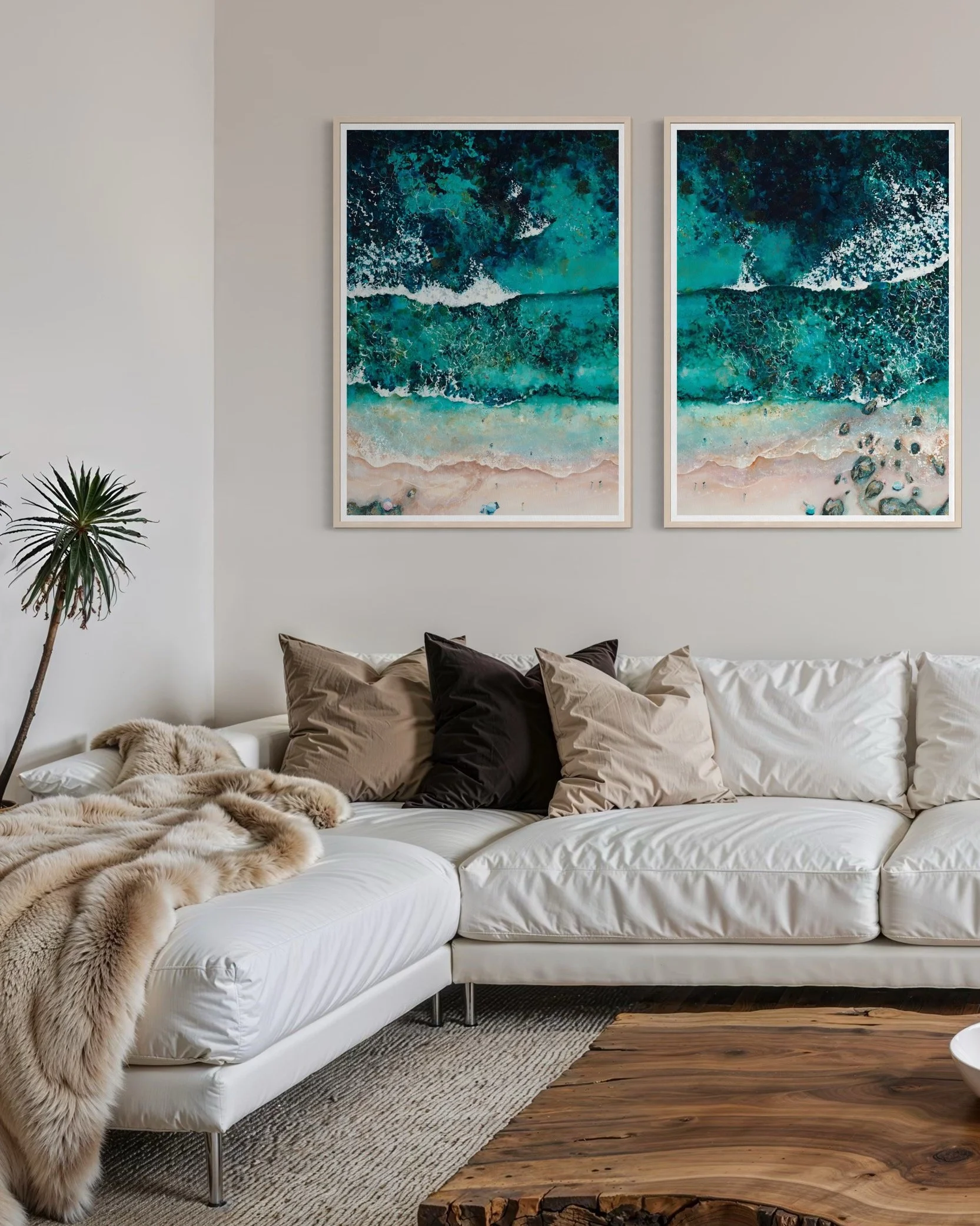 Extra-large 'Endless Waves' diptych coastal art print by Lucy Young above a sofa; fine art reproduction printed in Newquay, Cornwall.