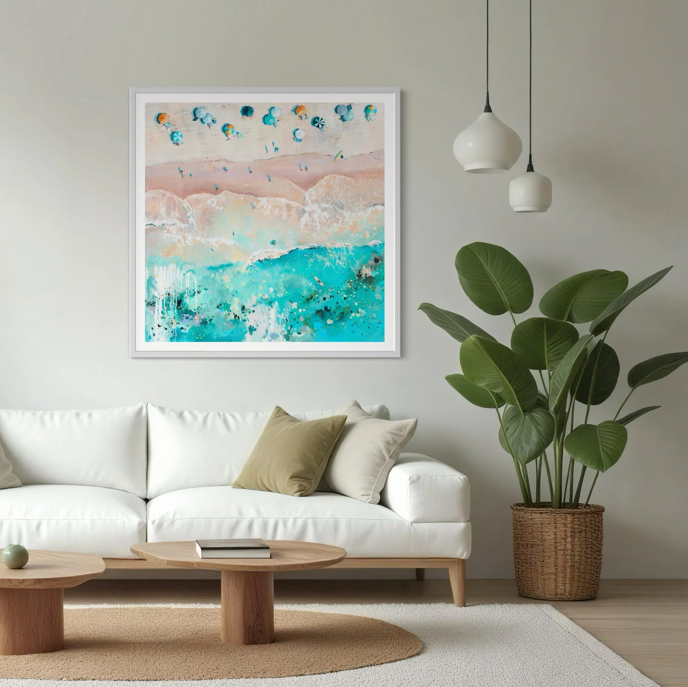 a Large framed Celestial sea print displayed in a bright, modern interior, adding a joyful splash of colour