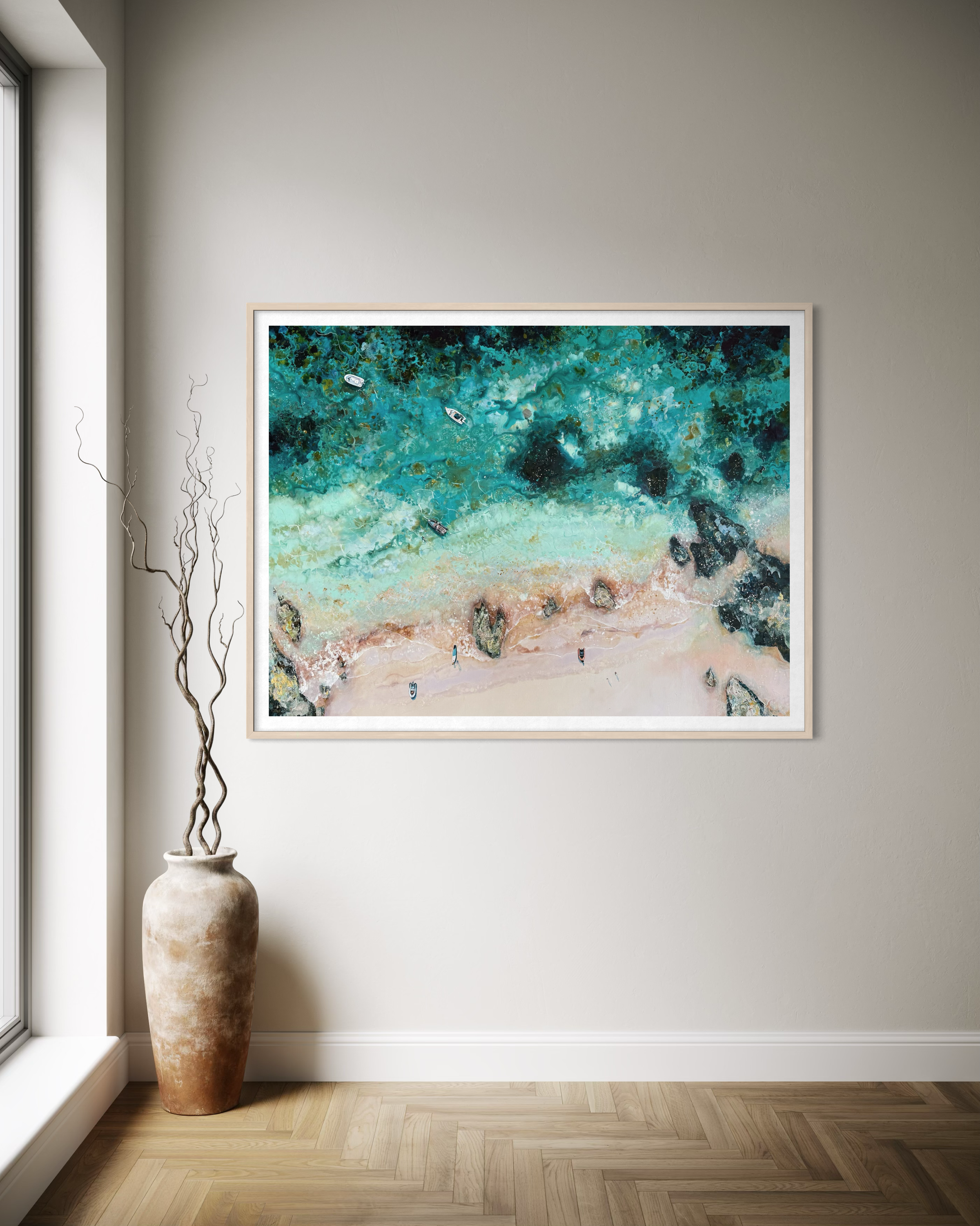 aerial seascape art print of mill bay on the Salcombe estuary, Devon, featuring turquoise water and white sand by Lucy Young
