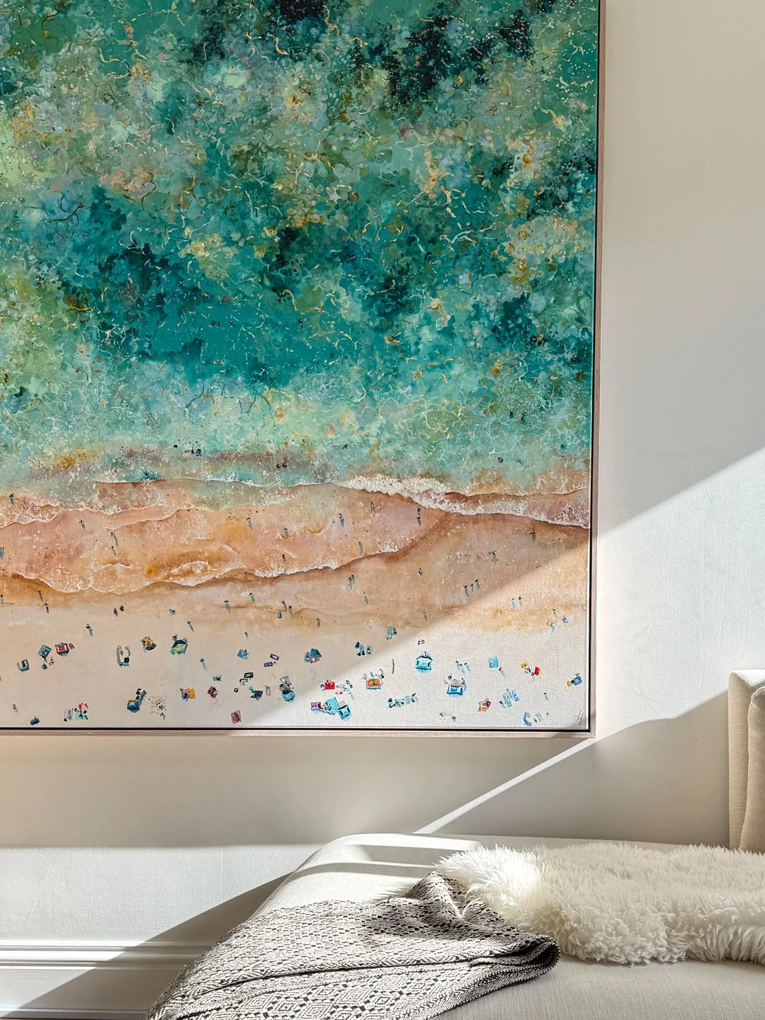 Original 1.5m x 1.5m painting 'Heart takes Flight' in a contemporary interior, showing the impact of large-scale coastal art.⁠