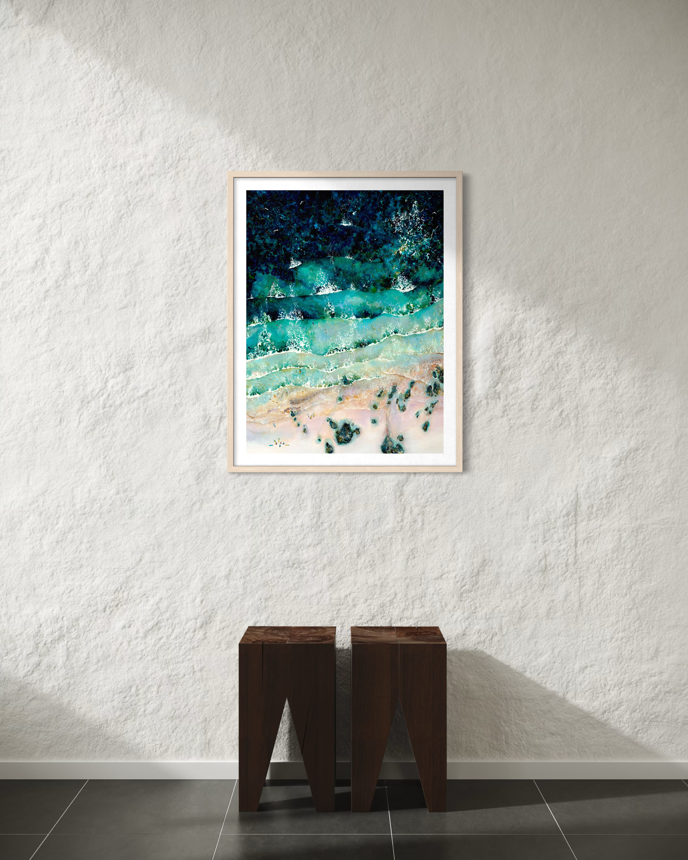 Graceful Gwithian print framed in light oak, styled in a bright, modern British living room with natural light