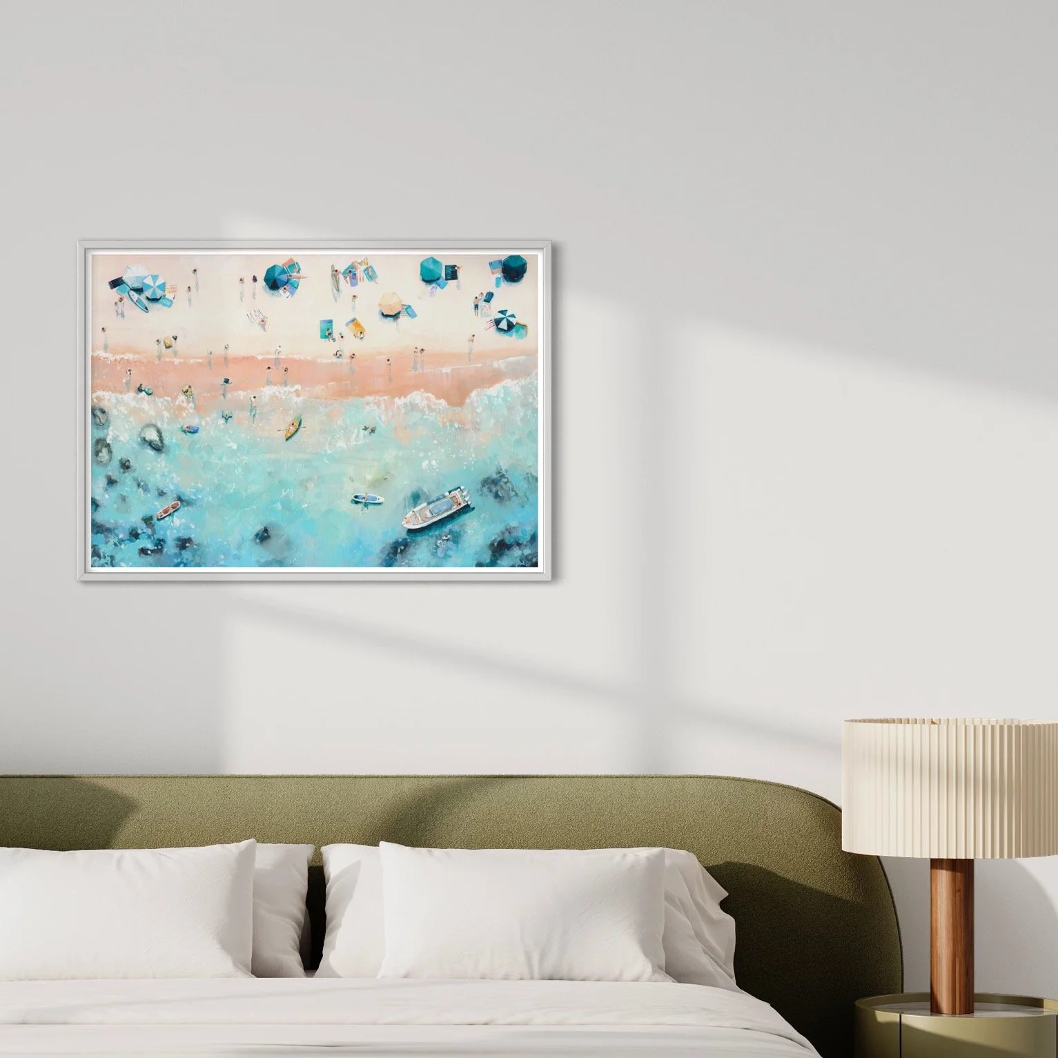 Large beach days print styled in a bright modern bedroom with a coastal style, adding a pop of colour to a coastal interior.