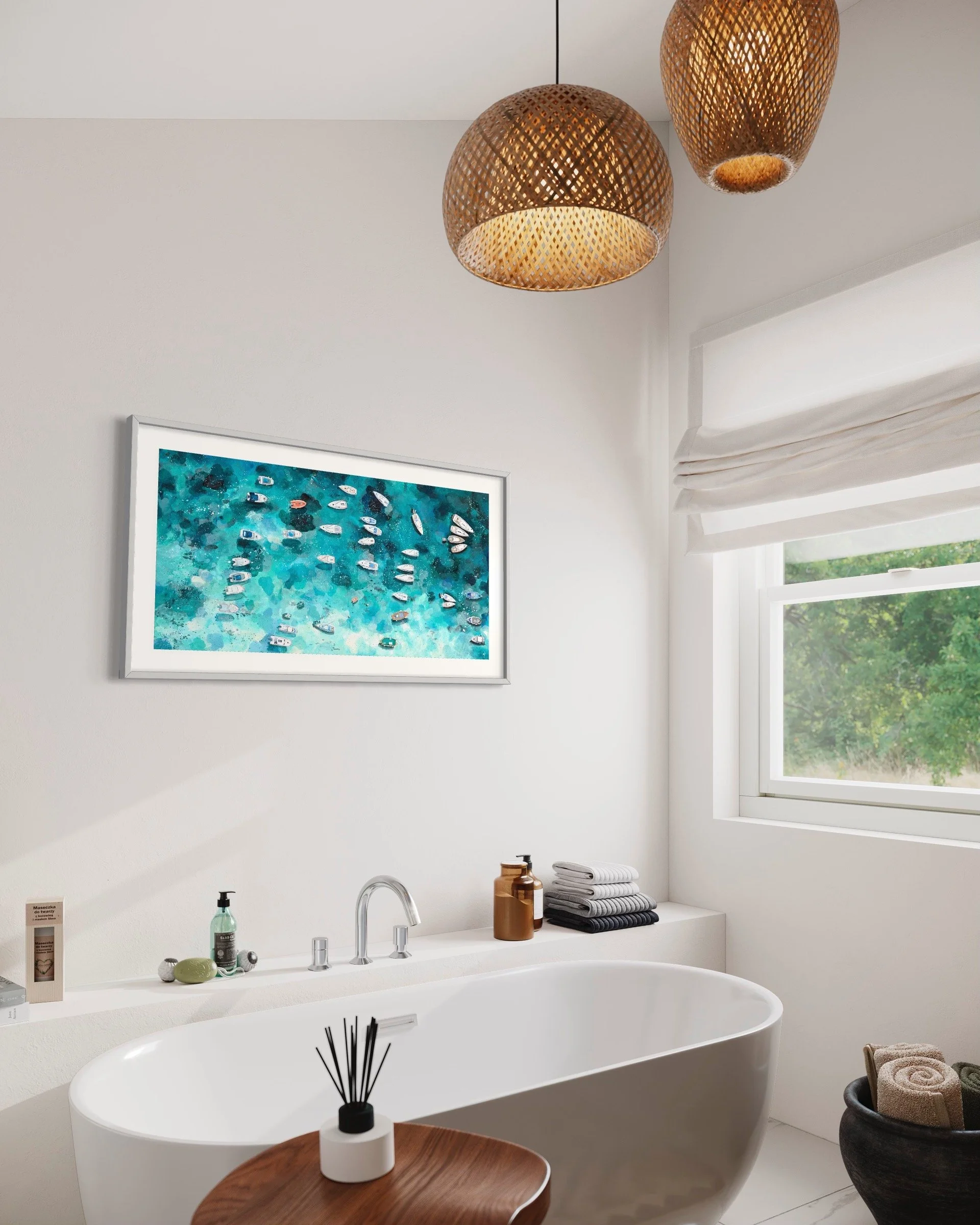 A framed Turquoise Waters print styled in a bright, modern bathroom, complementing teal and coral interior accents.